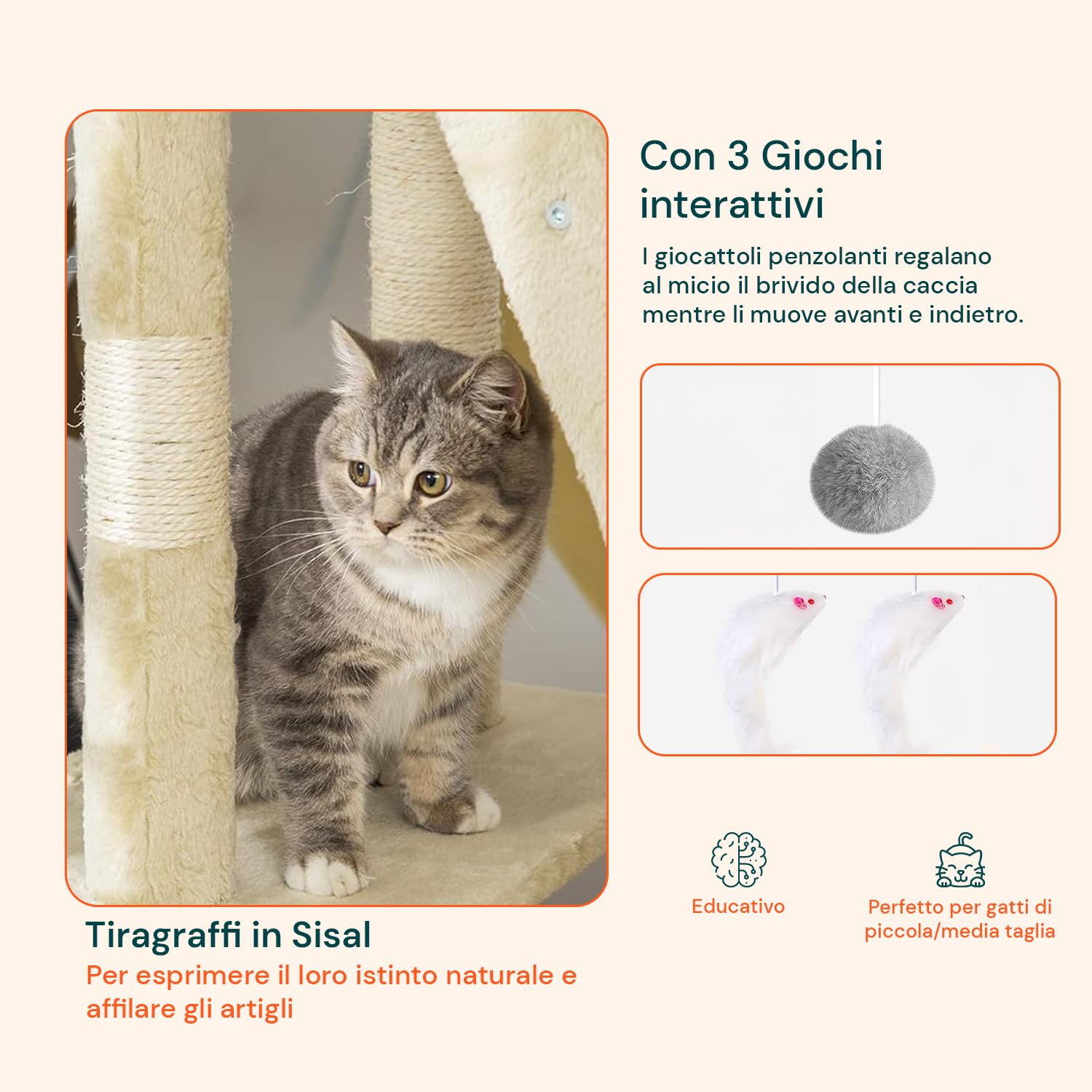 Tiragraffi da 170Cm con Cuccia per Gatti Albero Parco giochi gioco tira graffi per Gatto (Beige)