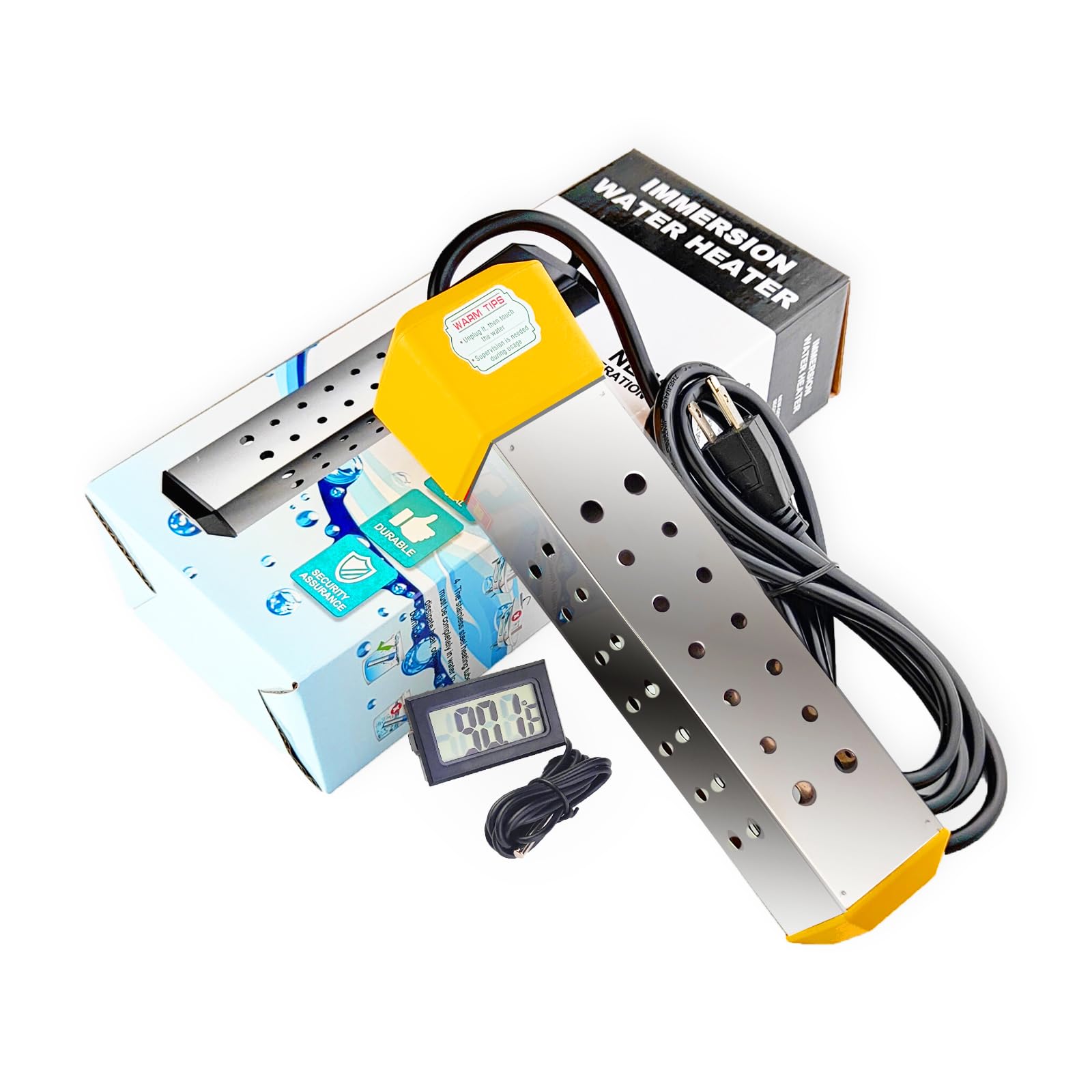 Immersion Water Heater for Bathtub Portable Water Heater for Camping Anti-Scalding Bucket Heater Household Submersible Heater with Liquid Crystal Thermometer (Yellow)