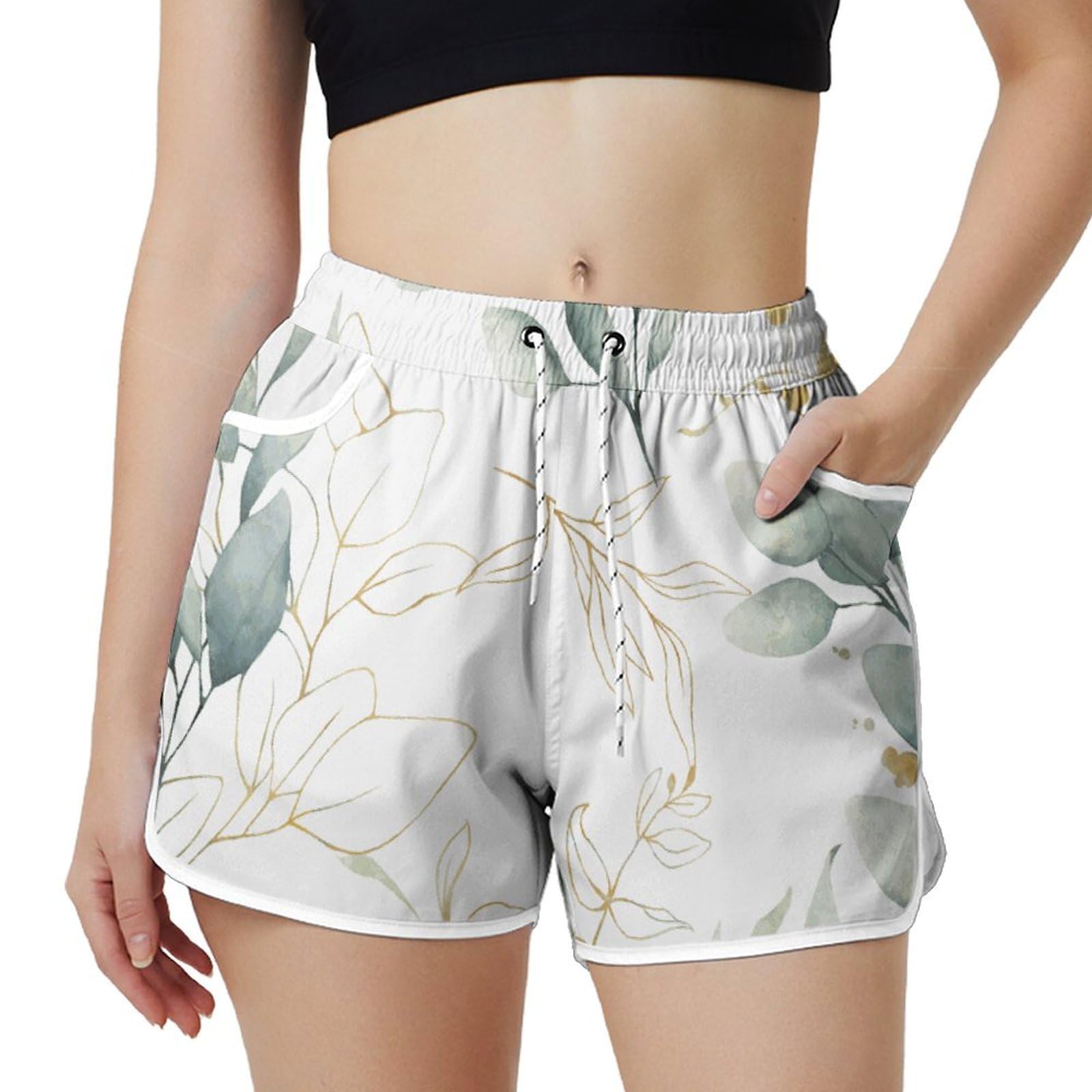 AYUNIX Women's Running Shorts with Pockets Quick Dry Performance Shorts for Women Floral Leaf Athletic Workout Gym Shorts White