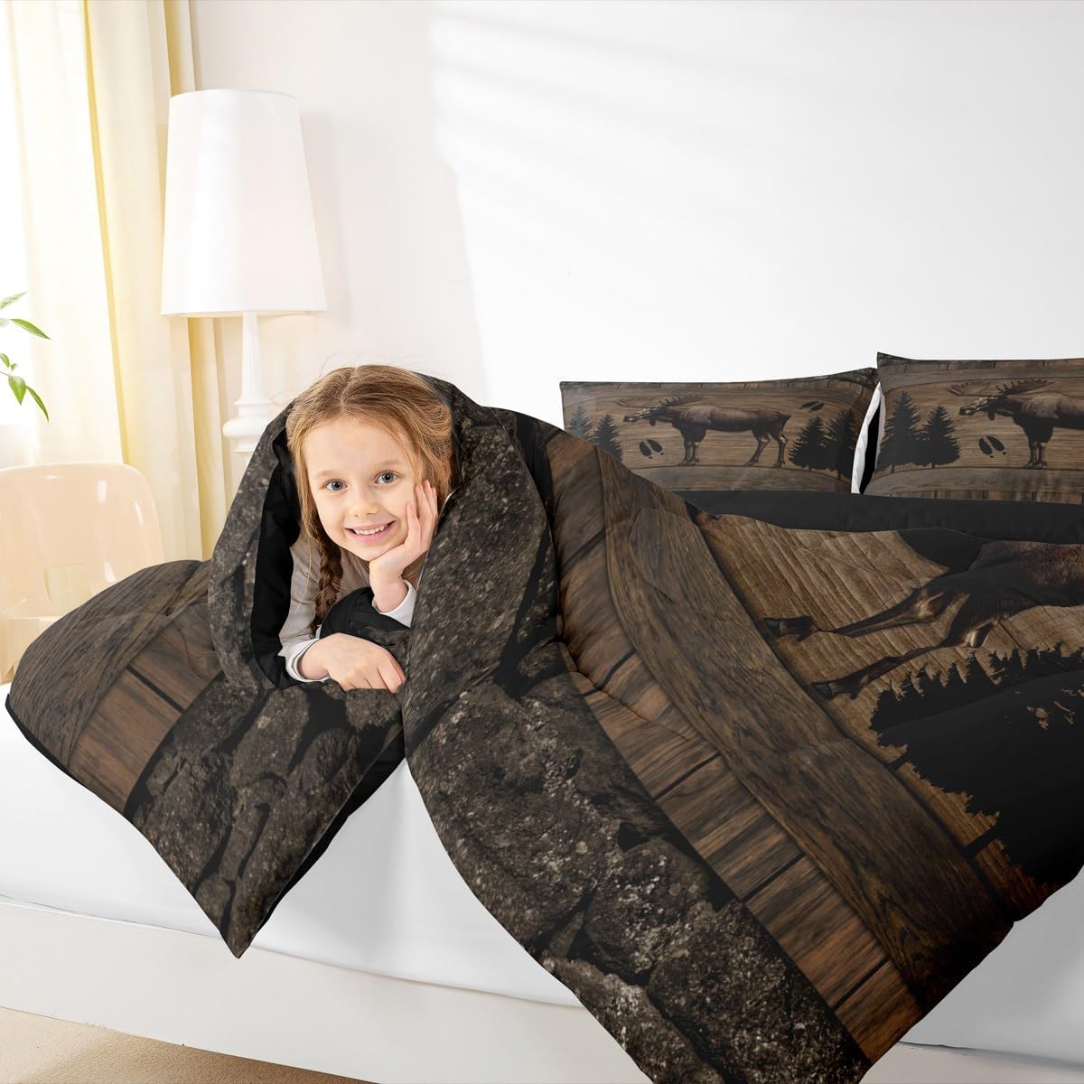jejeloiu Moose Bedding Set Soft for Boys Girls, Woodland Moose Comforter Set Queen Size Wildlife Duvet Quilt Microfiber Rustic Cabin Country Bedroom Decor Hunting 3 Pcs with 2 Pillow Cases