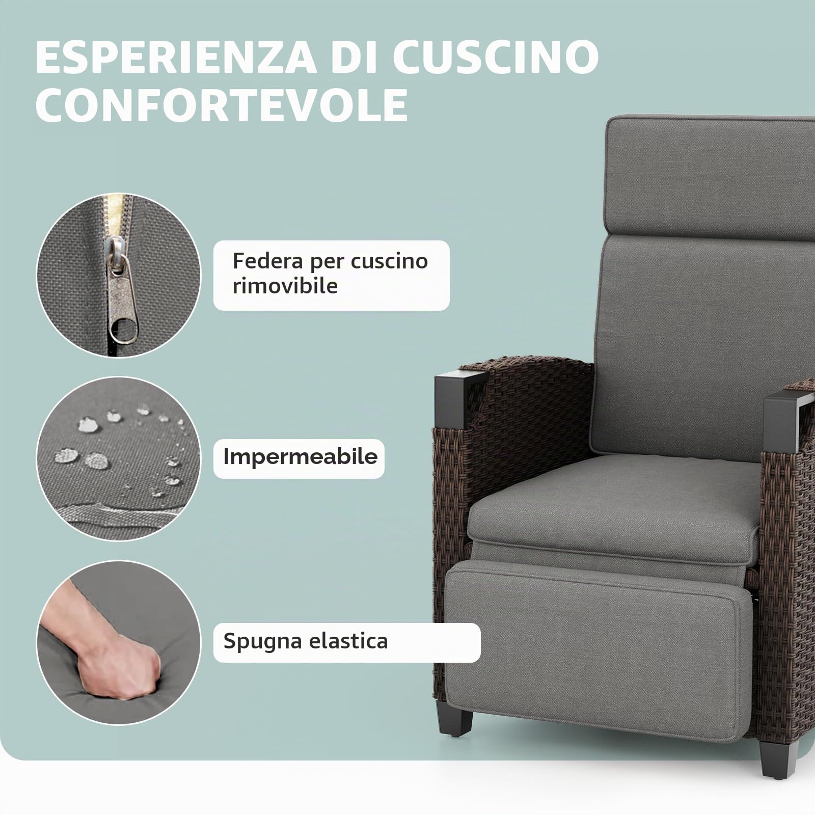 UDPATIO Sedia a Sdraio Reclinabile in Polyrattan con Cuscini, con Tavolino per Interni, Resistente Alle Intemperie, Regolazione 150°, per Interno ed Esterno - Marrone