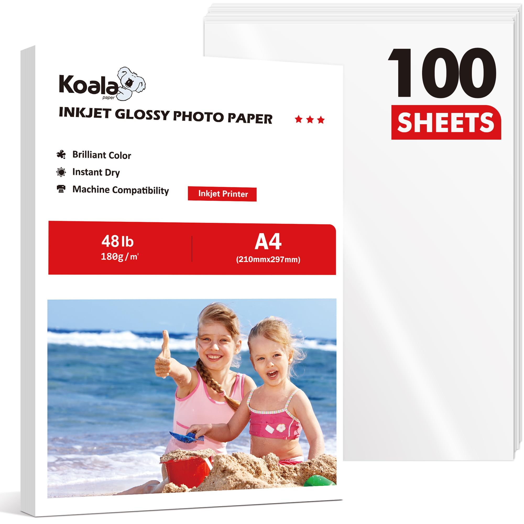 Koala Glossy Inkjet Photo Paper A4 Size 48lb 100 Sheets Professional Glossy Photographic Paper Compatible with Inkjet Printer Use DYE Ink 180GSM - A4