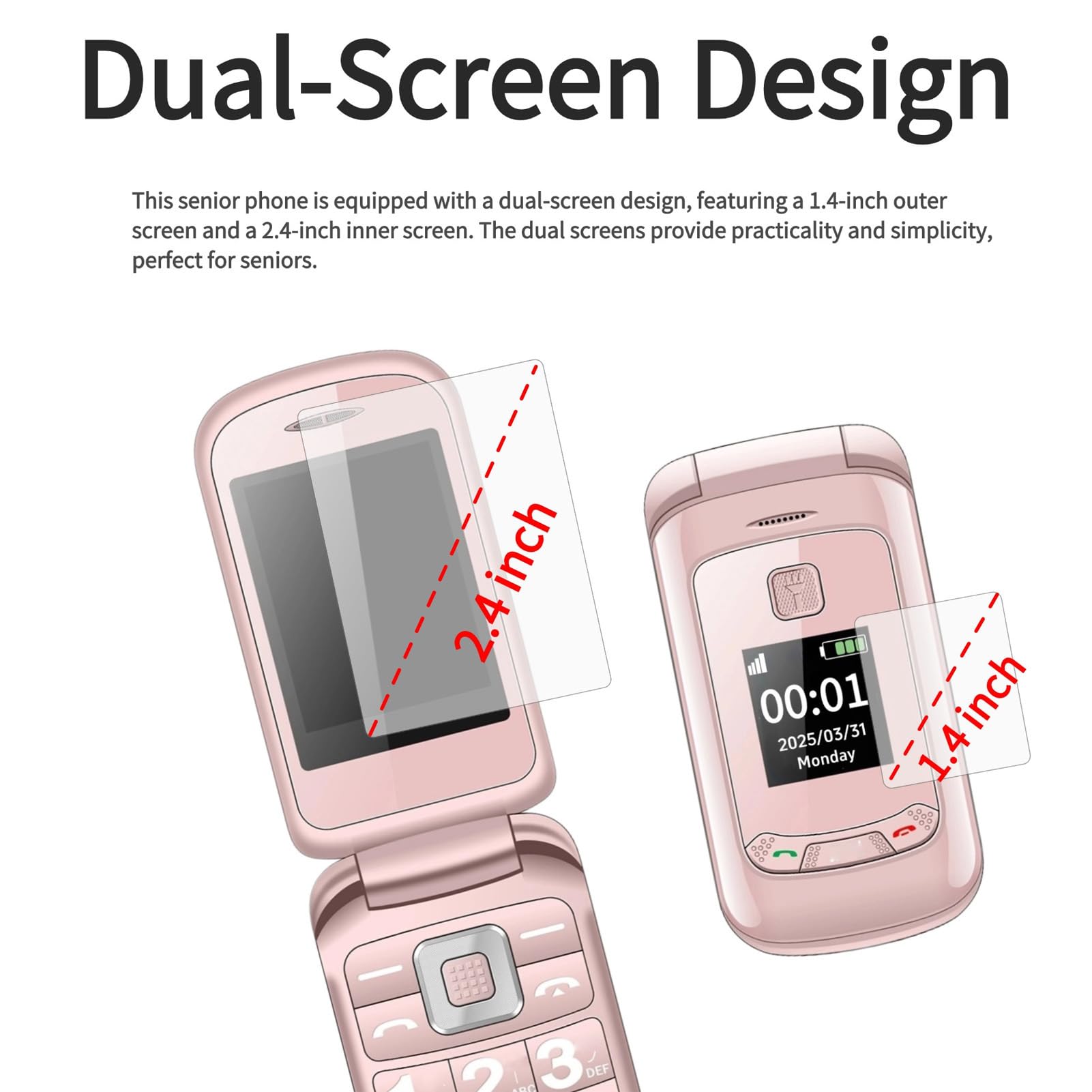 Fockety Telefono Cellulare 2G Flip, Telefono Cellulare Senior Sbloccato Doppia SIM con Pulsanti Grandi, Schermo Principale da 2,8 Pollici, Schermo Esterno da 1,77 Pollici, Altoparlante,