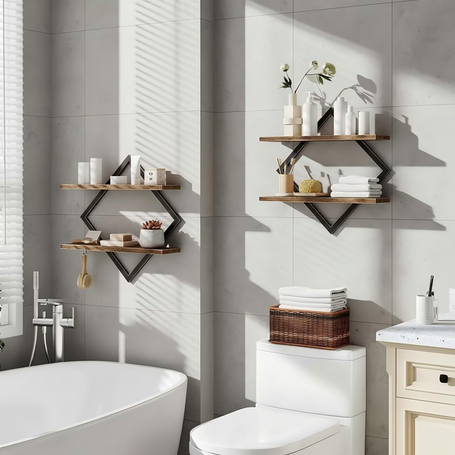 2 Piece Floating Shelves Set, Double-Layer Vintage Shelf for Wall, Decorations, Suitable for Living Room, Bedroom, Office, Study, Kitchen and Bar (Brown)