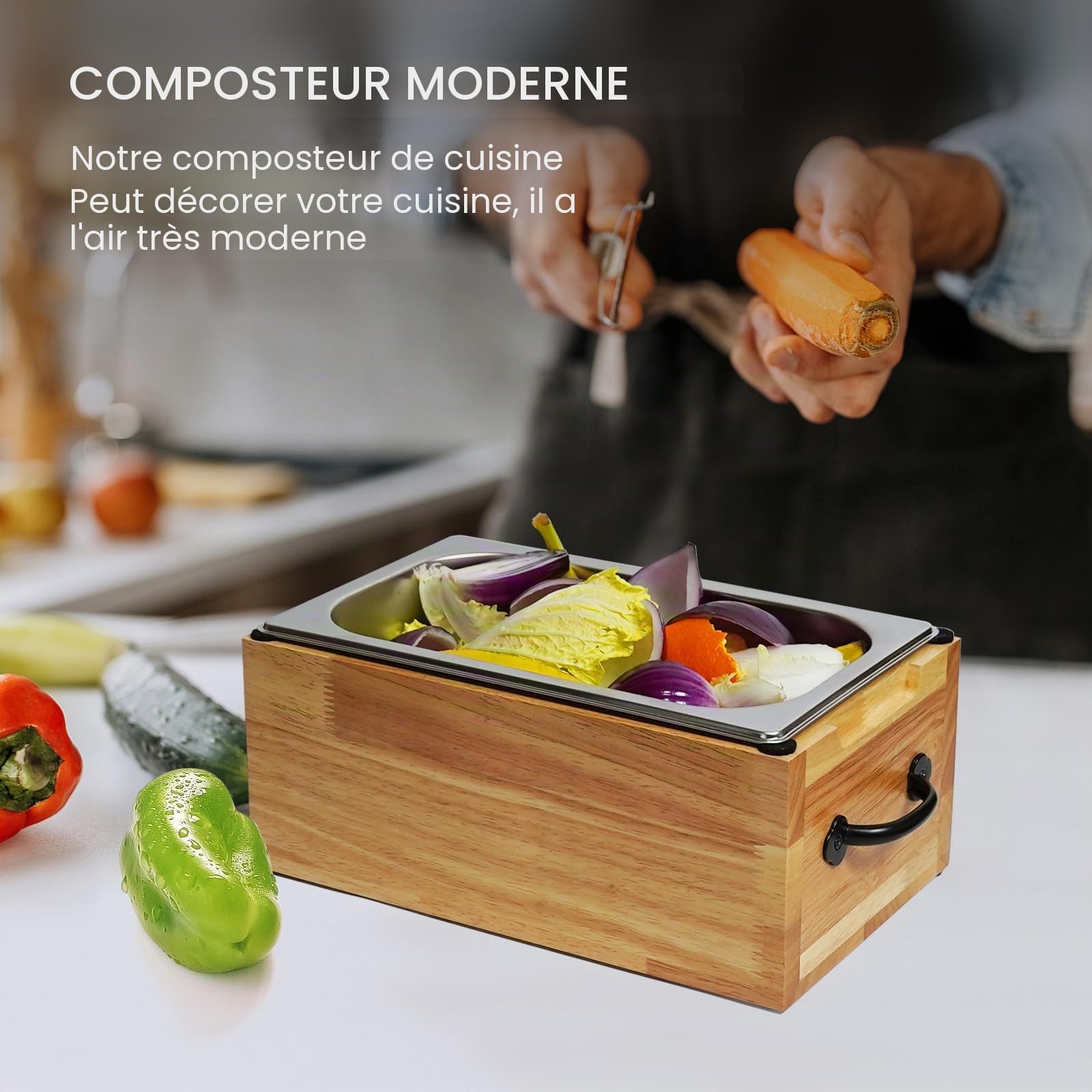 Composteur Cuisine en Bois, Poubelle Compost Cuisine avec Couvercle, Passe au Lave-Vaisselle, Seau Compost Cuisine pour Déchets Organiques, Bac à Compost Anti Odeur