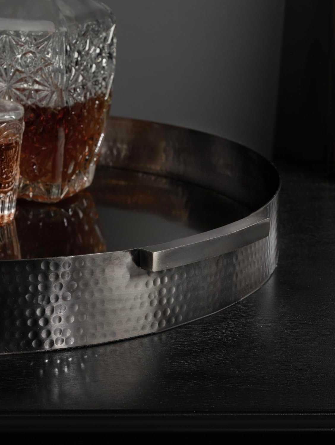 Kate and Laurel Samana Modern Glam Round Metal Tray, 17 Inch Diameter, Gray Gunmetal, Polished Decorative Circle with Hammered Surface for Use as Ottoman or Serving