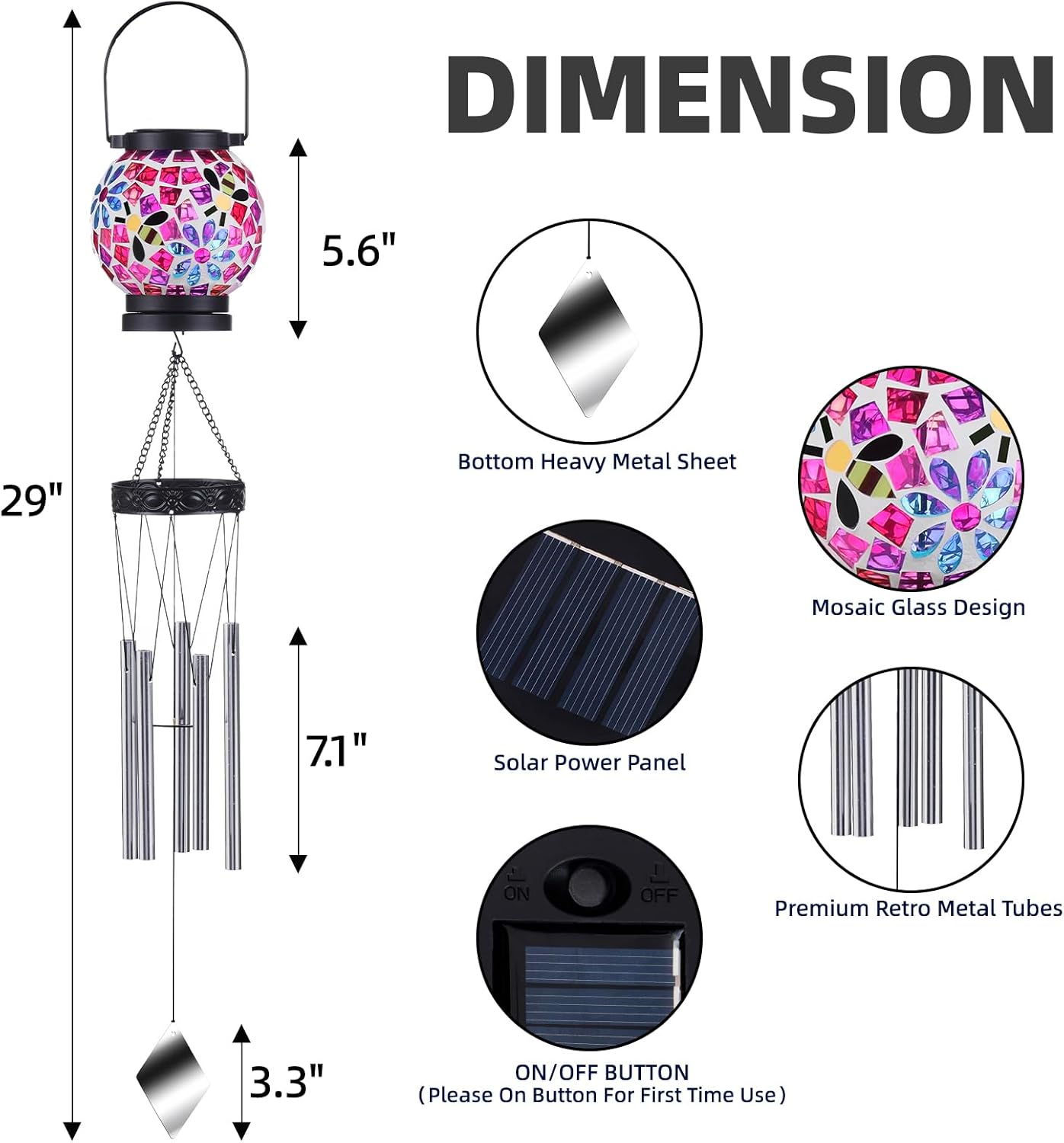 VOREEN Solar Wind Chimes for Outdoor, Handmade Mosaic Glass Solar Light Outdoor Waterproof Lantern, Gift for Mom Wife Friend, Window Decor for Patio Yard Balcony, with Flowers & Bees, 29" Pink