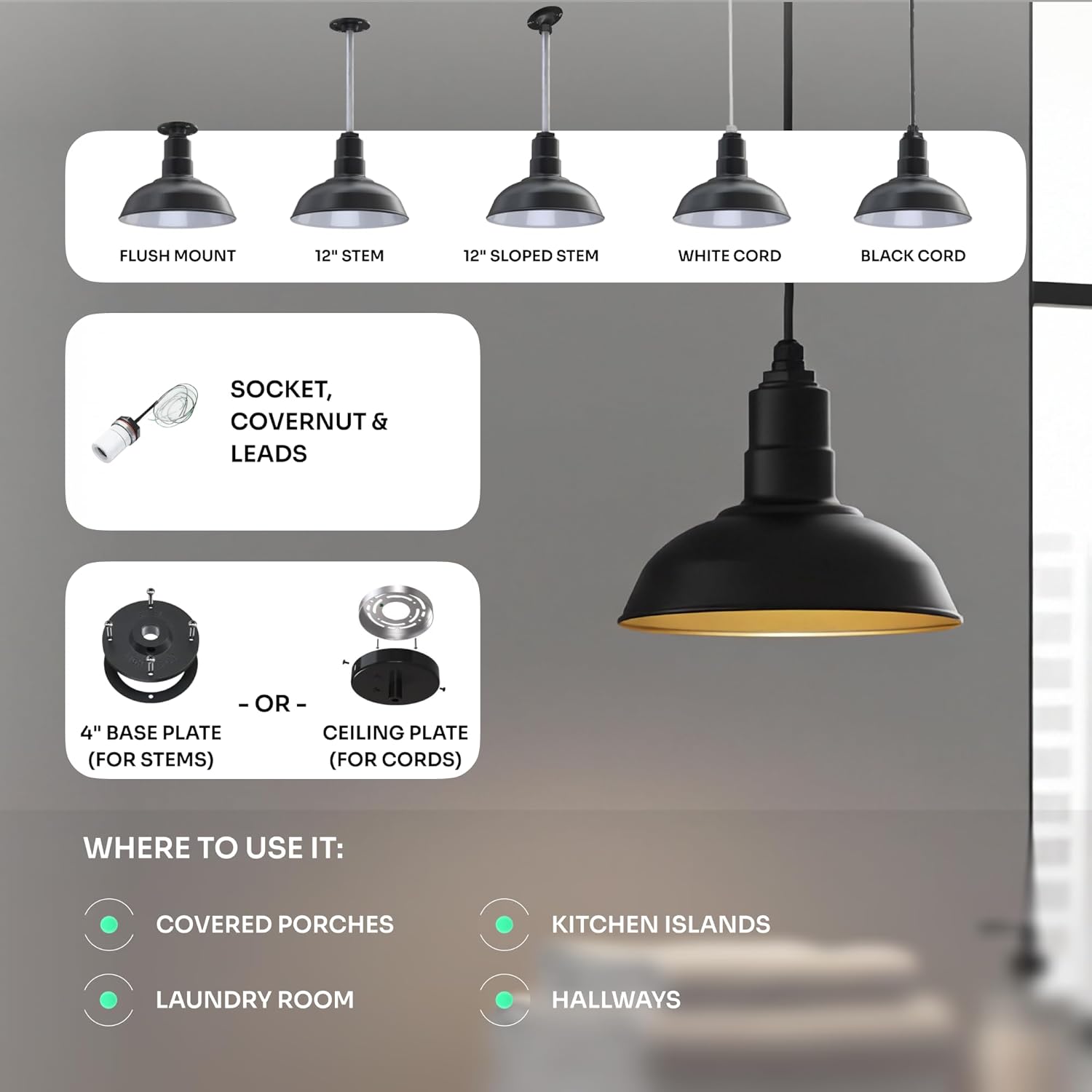 Steel Lighting Co. El Segundo Barn Light | Ceiling Mounted Pendant | 12 inch Dome | Black Cord | Heavy Duty Steel Farmhouse Light Made in America | Matte Black Exterior/White Interior