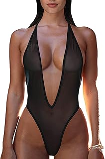 Women's Deep V Teddy Sheer Mesh Babydoll Bodysuit Underwear