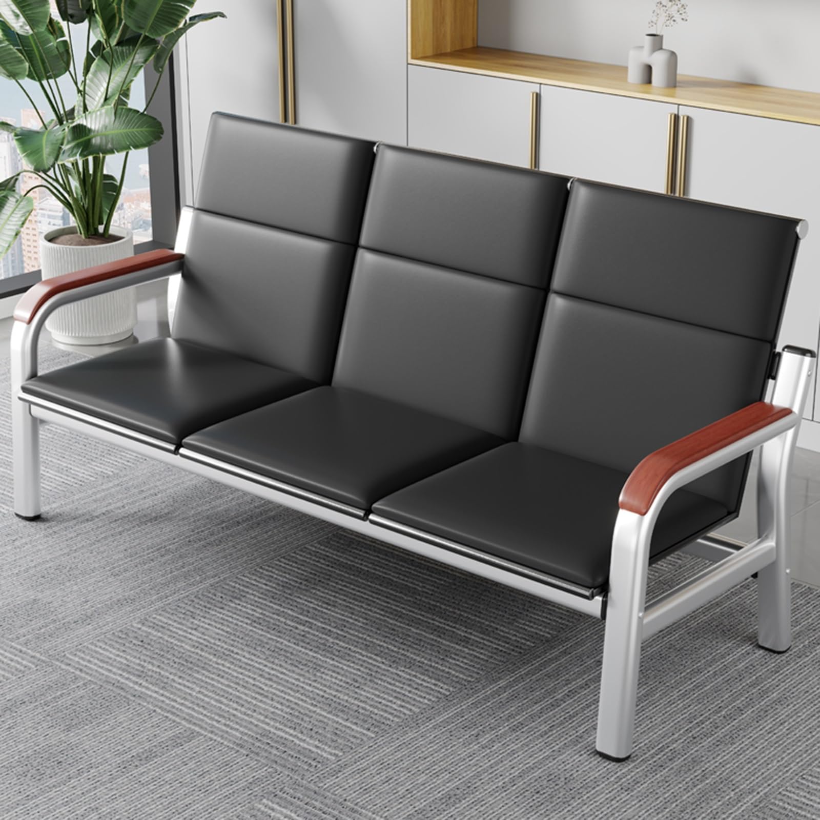 SaryEdge 3-Seat Chairs - PU Armrest Lobby Reception Bench for Office, Airport & Bank - Comfortable, Durable Seating Solution for High-Traffic Areas,