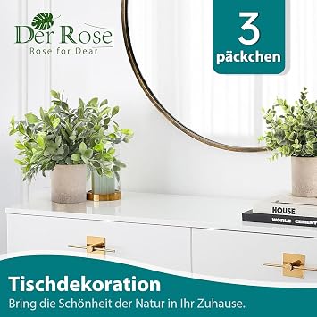 Der Rose 3er Set Künstliche Grünpflanzen Deko im Topf Mini Kunstpflanzen Kompakte Deko für Berufstätige und kleine Wohnungen passend für Schreibtisch Regal Bad und Schlafzimmer