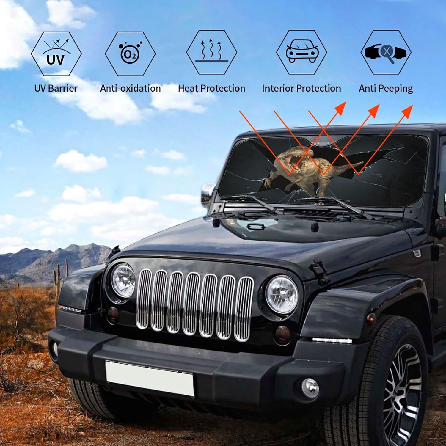 YOSA Escaped Dinosaur Car Windshield Sun Shade Angry Dinosaur Auto Front Window Sunshade Tyrannosaurus Sun Visor Shades for Truck Pickup SUV Car, Blocks UV Rays Keep Vehicle Cool