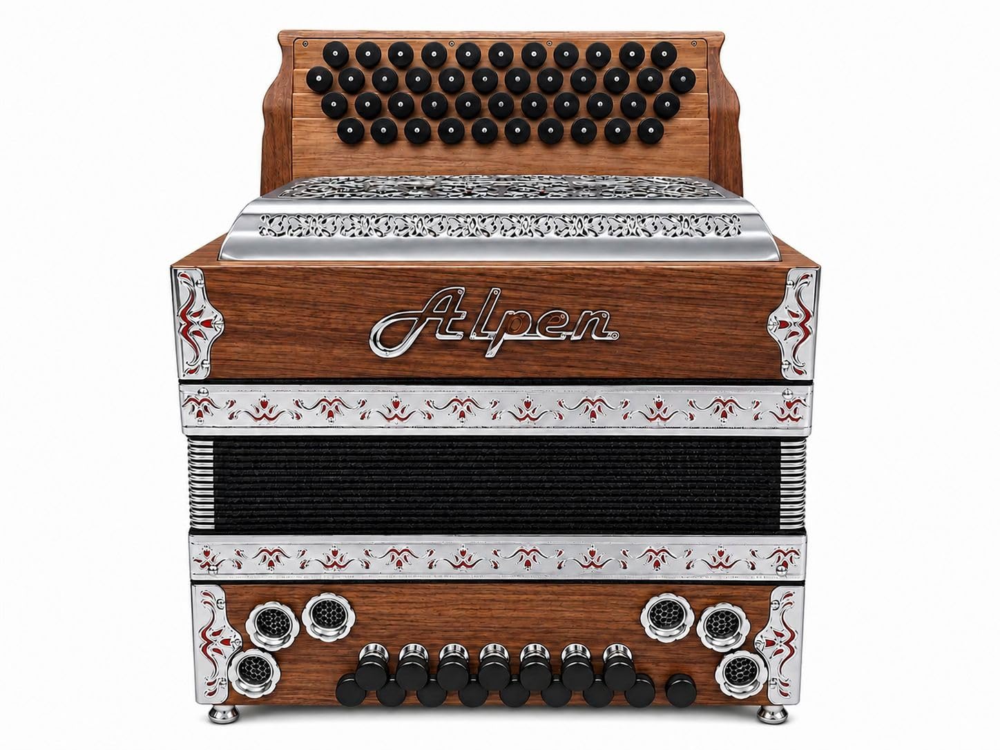Steirische Harmonika Alpen Compact Nuss G/C/F/B – 4-reihig, 2-chörig, X-Bass, Mollbässe, Halbtöne, 44 Diskant, 16 Bass, Kinderharmonika, Reiseharmonika, inkl. Luxuskoffer & Rucksack