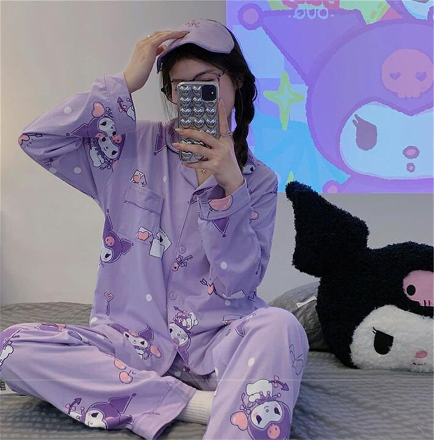 Kawaii Cartoon Pijama Mujer Niña Camiseta de Manga Larga y Pantalón Largo Conjunto 2 Piezas Ropa de Domir para Primavera Verano Morado/1 M