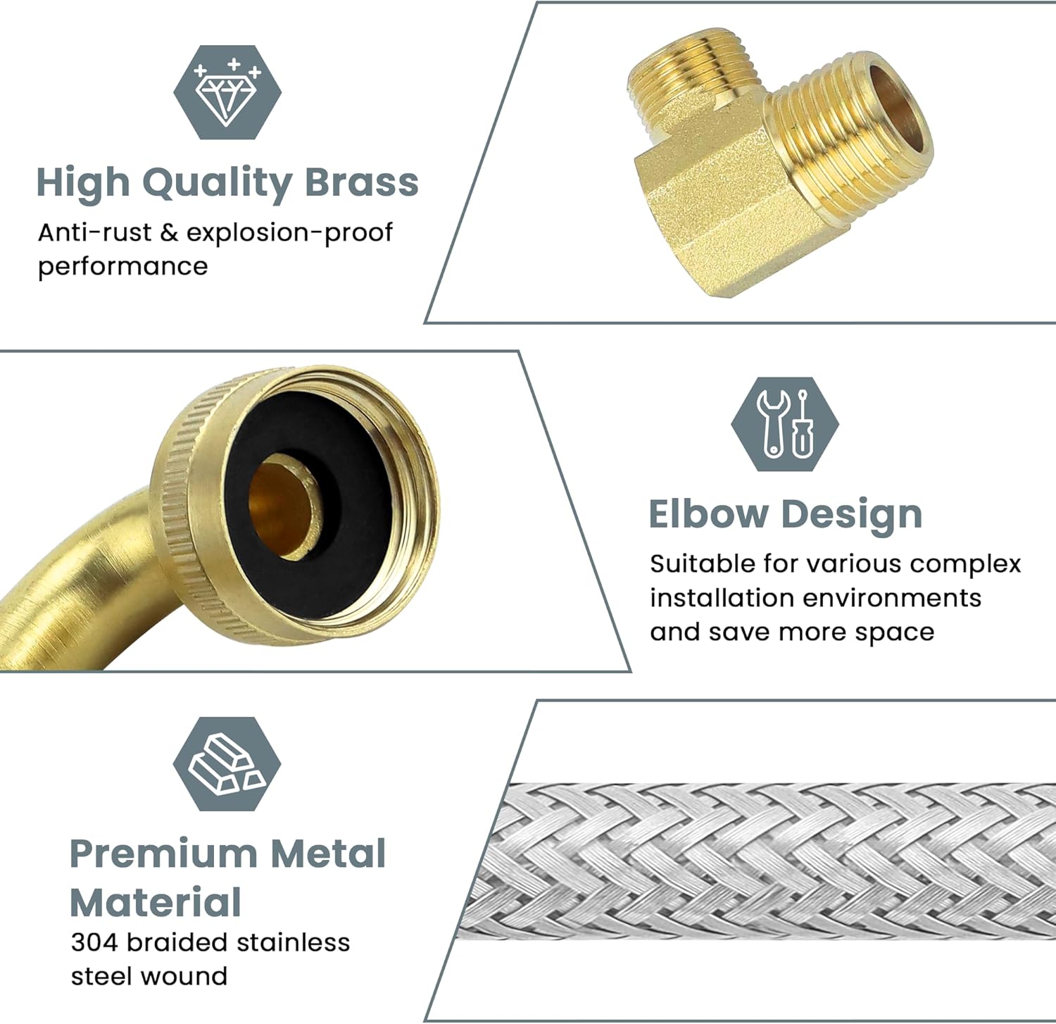 Dishwasher Supply Line Kit, 6 FT Stainless Steel Braided with Elbow Adapter W10685193 (3/4" FHT x 3/8") - Burst Proof & Universal Dishwasher Connector Kit Fit for All Dishwashers by AMI PARTS