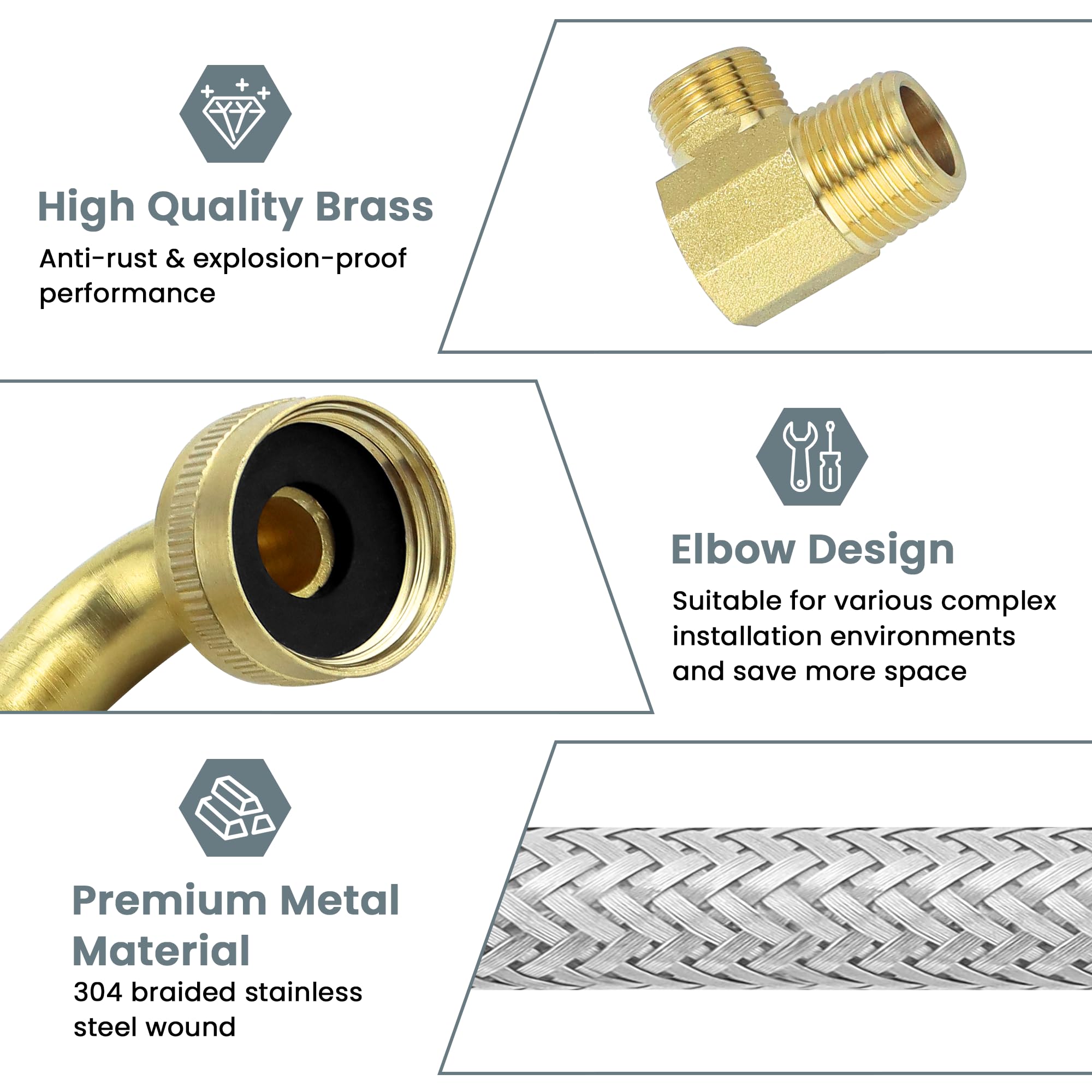 W10685193 - Kit de línea de suministro para lavavajillas, acero inoxidable trenzado con adaptador de codo W10685193 (3/10.2 cm FHT x 3/20.3 cm) – Kit de conector universal para lavavajillas a prueba