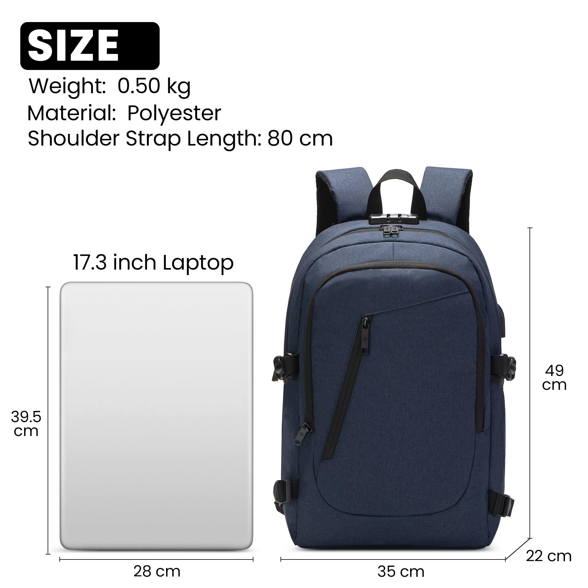 Uomo Zaino Antifurto Impermeabile per 17.3 Pollici PC Portatile con Caricatore USB Grande Capacità Zaino Lavoro Scuola Viaggio Ufficio Vacanza Uomo Università Backpack Blu