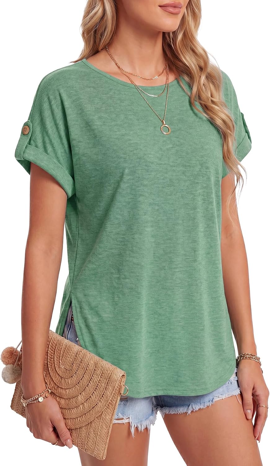 KIFOVEN Womens Summer Tops Short Sleeve Tunic T-Shirt Dressy Casual Blouse Side Split Round Neck Tee Shirts