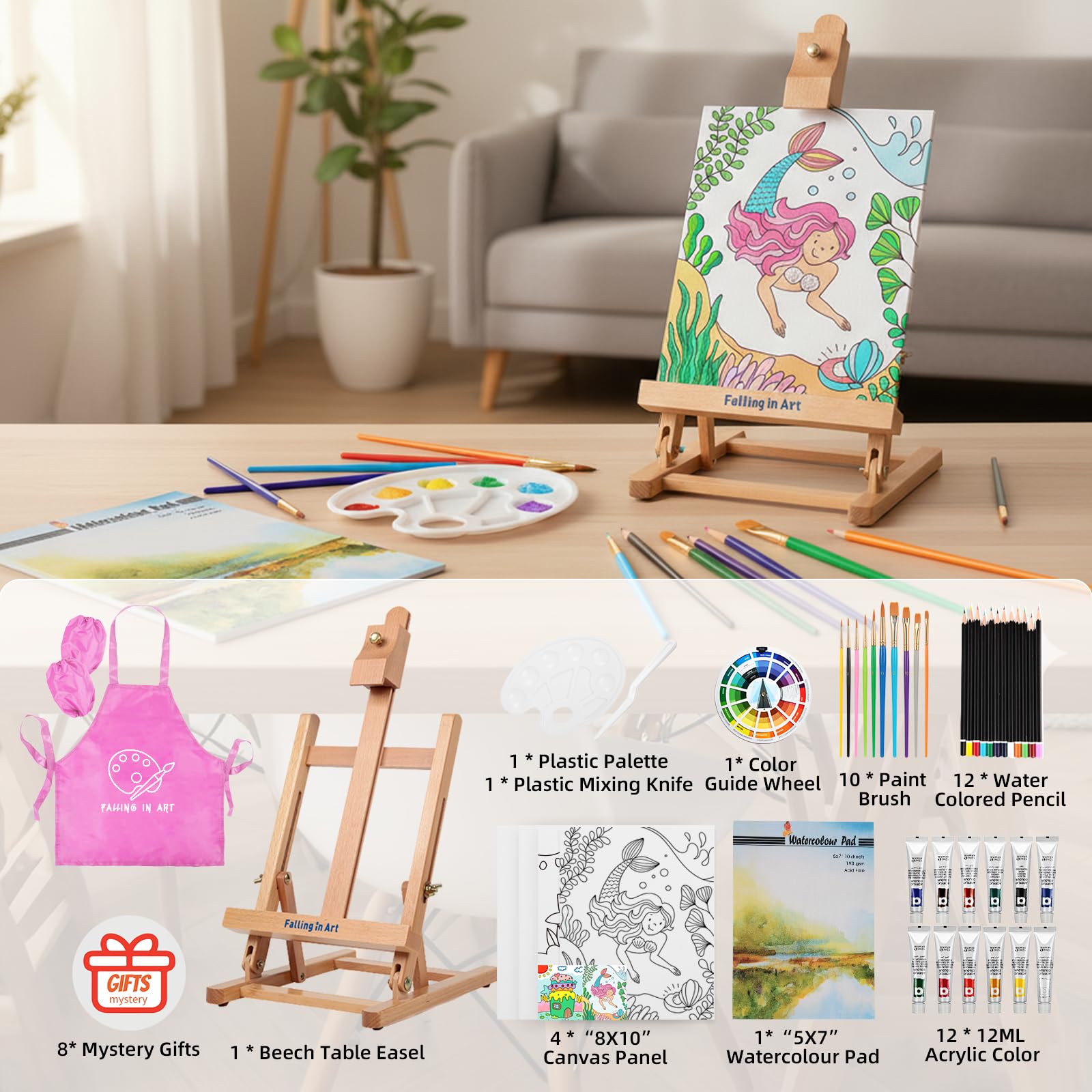 Falling in Art Juego de caballete de mesa, kit de pintura de caballete de madera portátil para niños, caballete para pintar lienzos, incluye pinturas acrílicas de 12 colores, 10 pinceles y 4 paneles