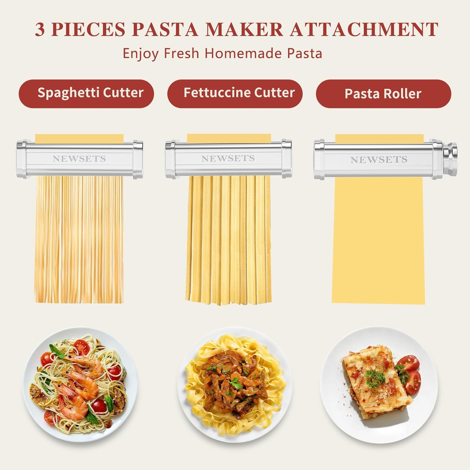 Pasta Maker Attachment for KitchenAid Stand Mixer, 3-Piece Pasta Attachment Set with Roller, Spaghetti & Fettuccine Cutter and Cleaning Brush, 8 Thickness Settings, Food Grade Stainless Steel