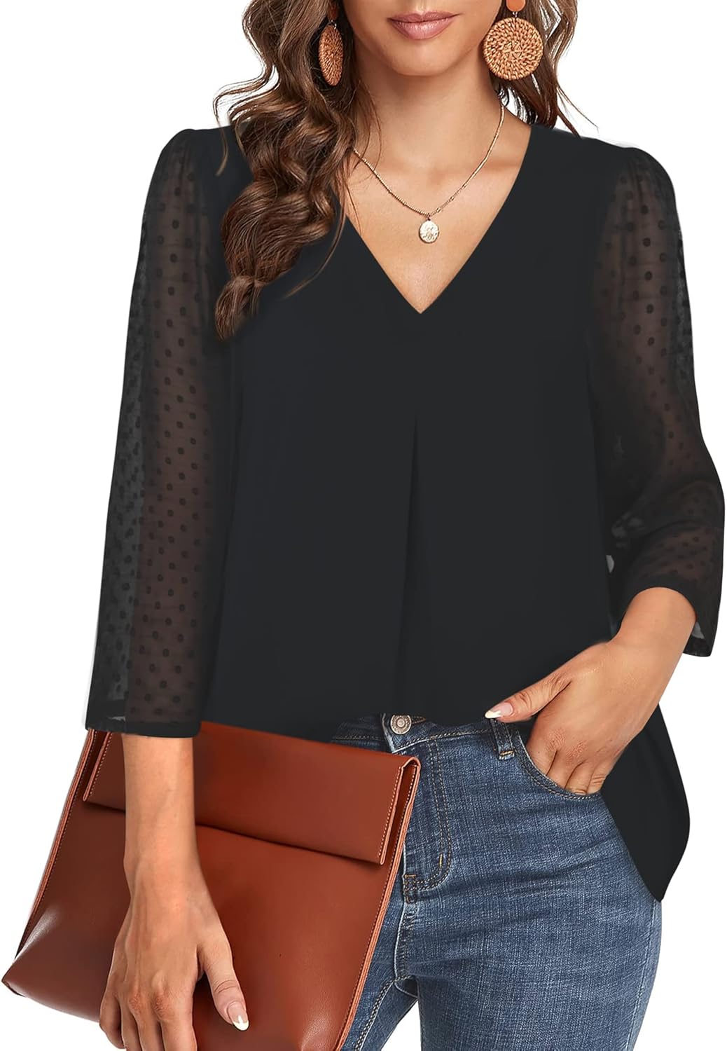 Messic Women's Casual V Neck Chiffon Blouse 3/4 Kuwait Ubuy