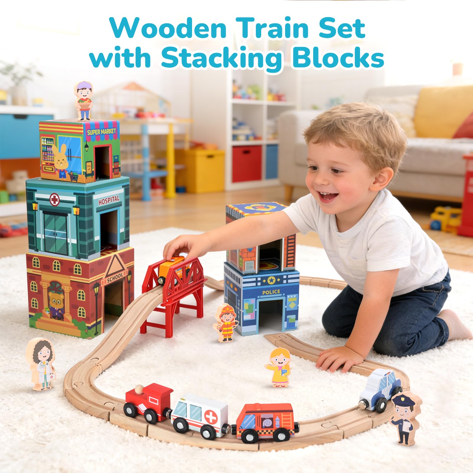 Dreamon 40 Pièces Set de Train en Bois Urbain pour Âges 3+, Rails de Train