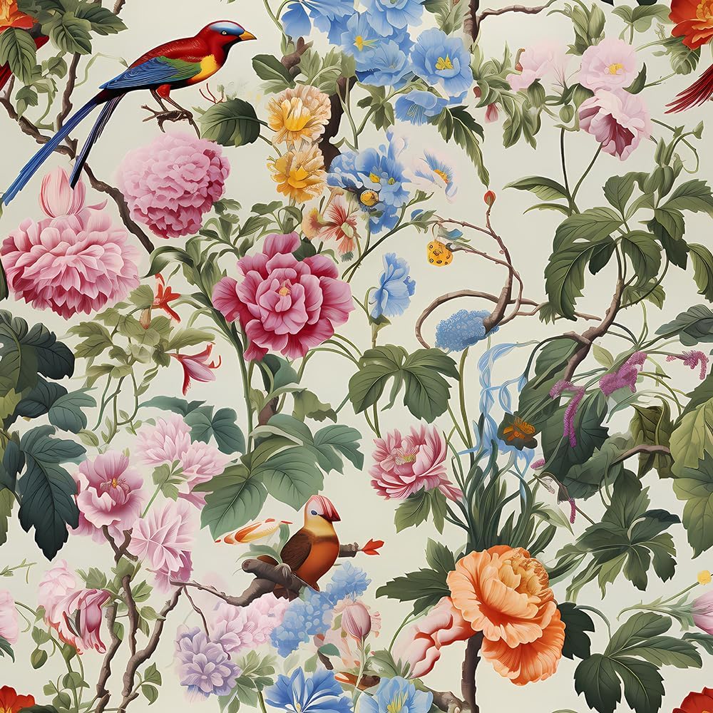 18"x236" Vintage Boho Colorful Peony Flower Birds Peel and Stick Self Adhesive Wallpaper Removable Contact Paper Stick on Easy Peel Off Wall Paper for Kitchen Bedroom Bathroom Renter