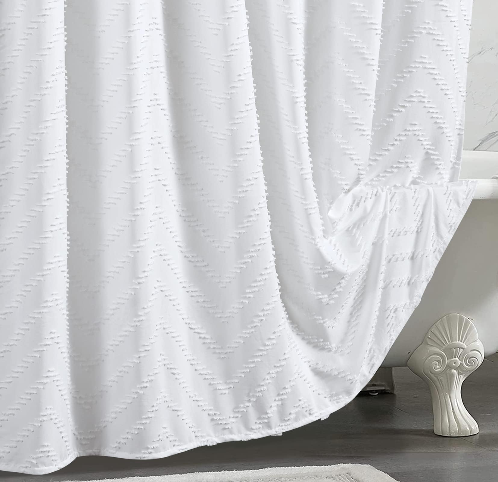 YoKii White Boho Tufted Shower Curtain Set Extra Long 84 Inches, Soft Silky Fabric, Modern Chevron Bohemian Chic Pompom Cute Chenille Decorative Bathroom Shower Curtains Set, Waterproof