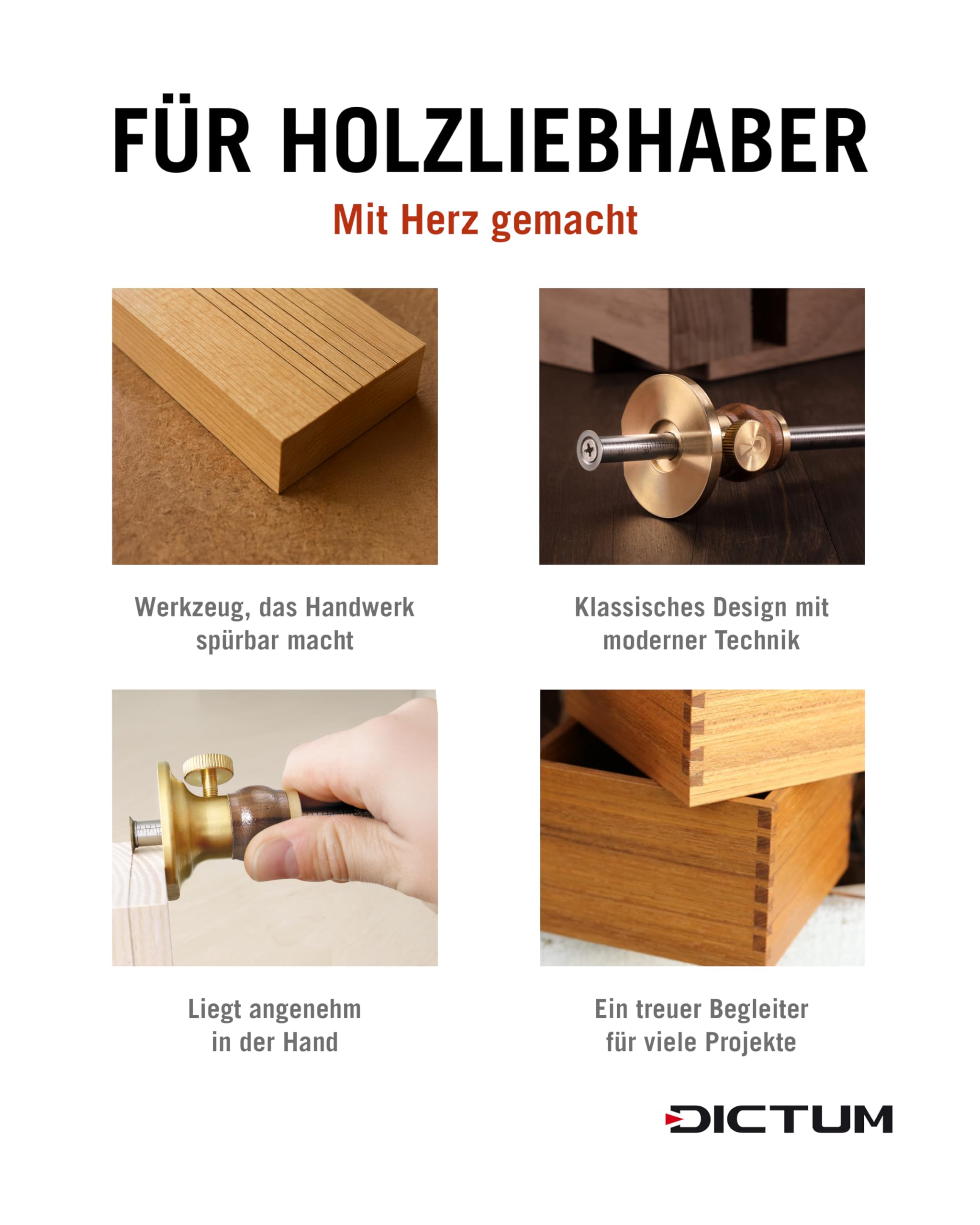 DICTUM Streichmaß Holz – Präzises Streichmass mit Metallschaft & Rundmesser | Anreißwerkzeug für Holz mit Skala, Messinganschlag & ergonomischem Griff