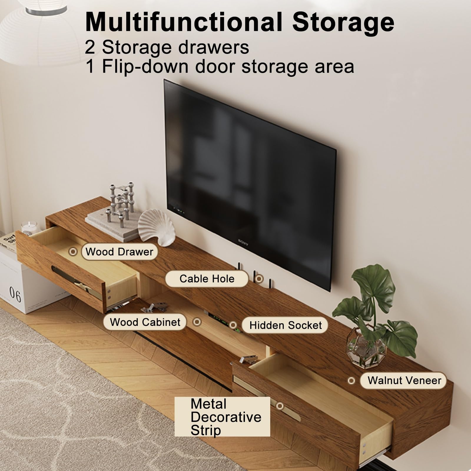 Lesolar Soporte Flotante Para TV De 140 Cm - Mueble Negro Con Almacenaje Y Gestión De Cables, Unidad De Pared Para Salón
