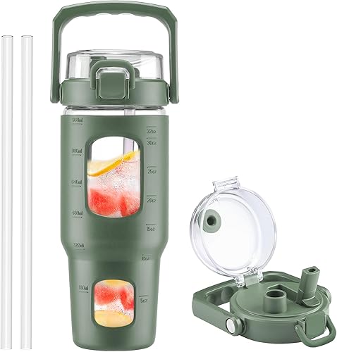 BLUEGO Botella de agua de vidrio de 32 onzas con asa y popote, botella de vidrio deportiva a prueba de fugas con marcador de tiempo y funda de