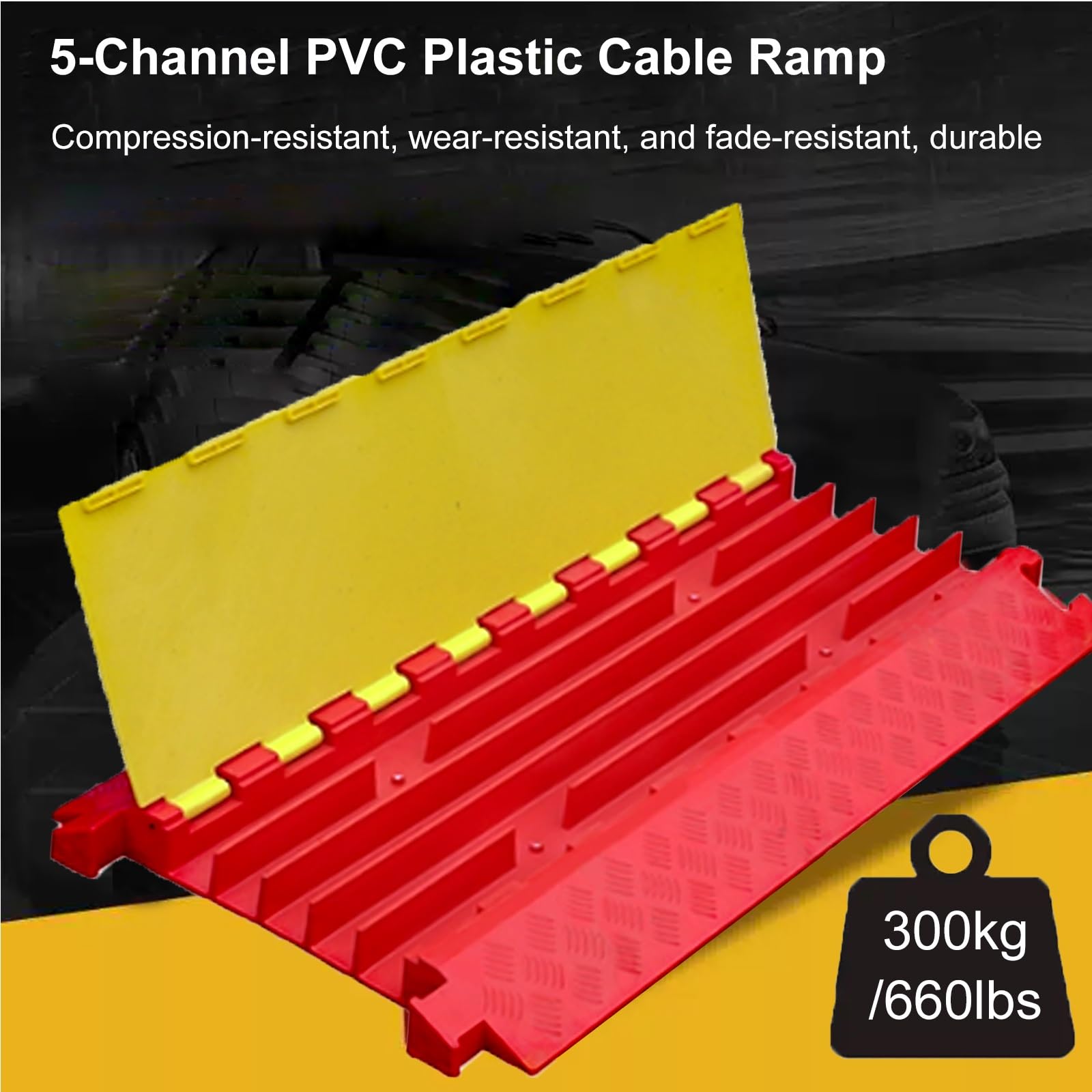 Pasacables Suelo de 5 Canales, Protector Cable de PVC de Alta Resistencia, Rampa Coche Abatibles de 89 Cm para Carretera, Capacidad de Carga de 300 Kg para Interiores y Exteriores