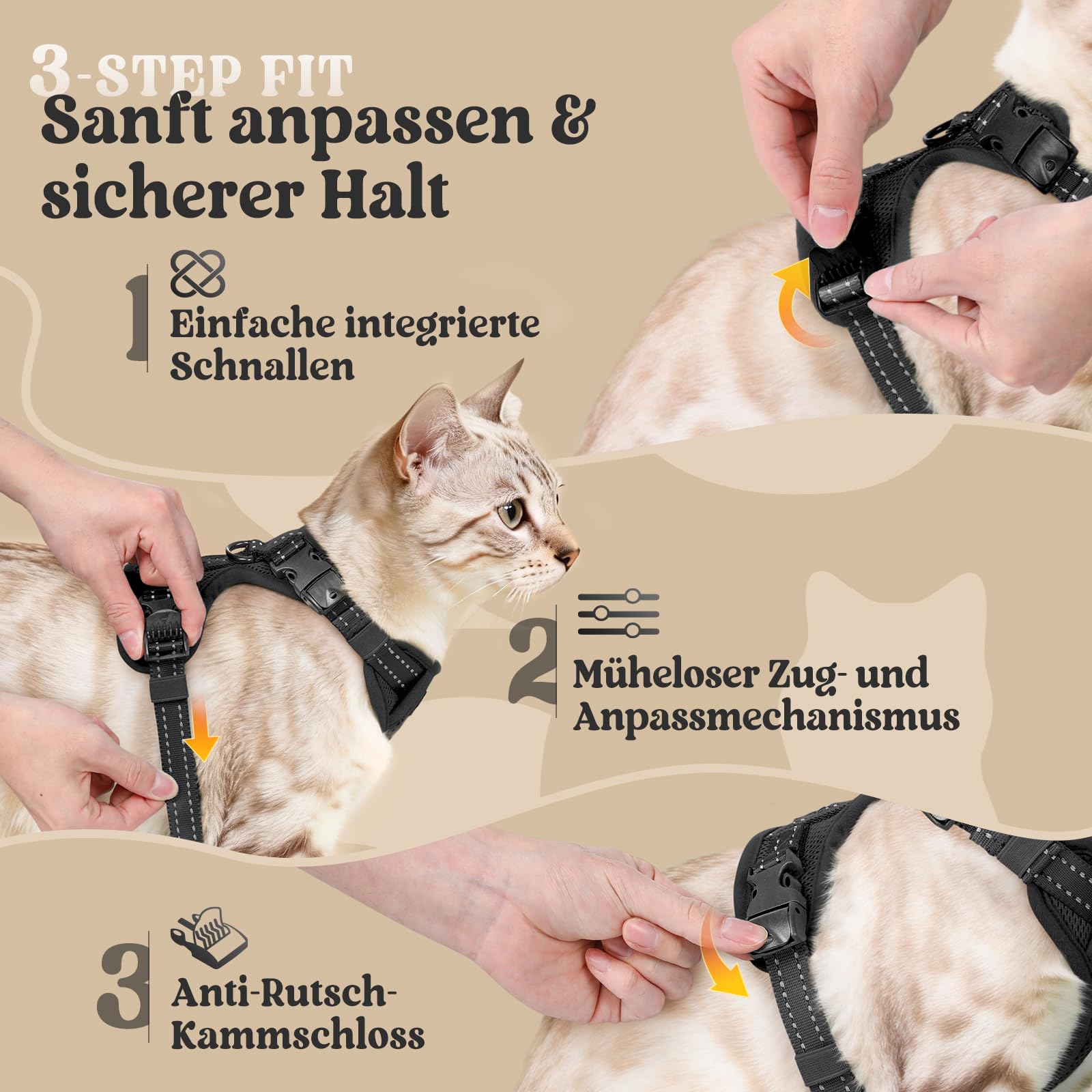 rabbitgoo Katzengeschirr mit Leine mit Hals-Klickverschluss, S, Schwarz | Kein Über-Kopf-Ziehen, Ausbruchsicher, Verriegelte Schnallen, Weiches Air-Mesh, Reflektierend, für Ausgewachsene Katzen