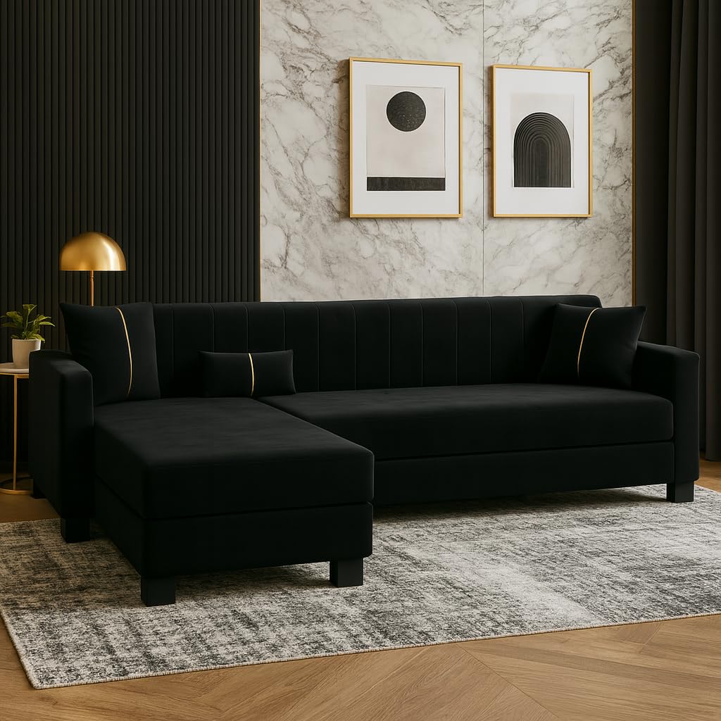 Almeria 4 Seater LHS L Shape Sofa Set | Soft Velvet Suede Fabric | Modern Design | Plush Comfort Cushions for Living Room (Black) Almeria 4 Seater LHS L Shape Sofa Set | Soft Velvet Suede Fabric | Modern Design | Plush Comfort Cushions for Living Room (Black)