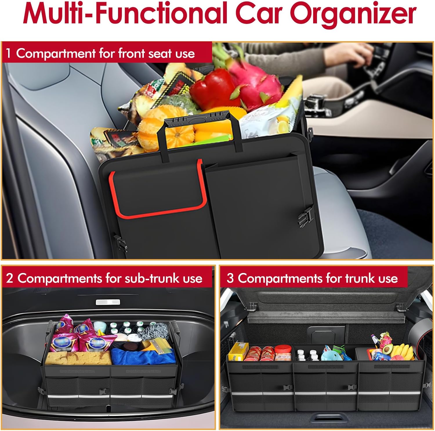 MEI&CO Car Trunk Organizer - 2.5mm PP Board Built, 35L Leakproof Cooler, 105L Capacity, 2 Tie-Down Straps, 4 Adjustable Dividers, Foldable Design for SUVs, Trucks, and Cars