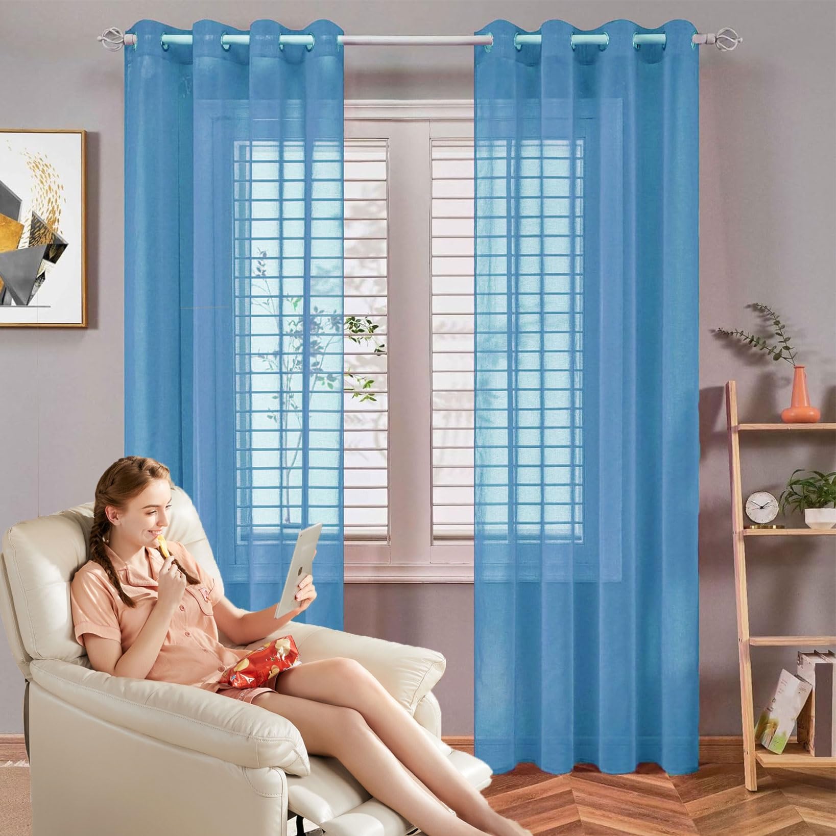 Rideaux voilages bleu ciel 250 x 170 cm à oeillets en polyester pour salon