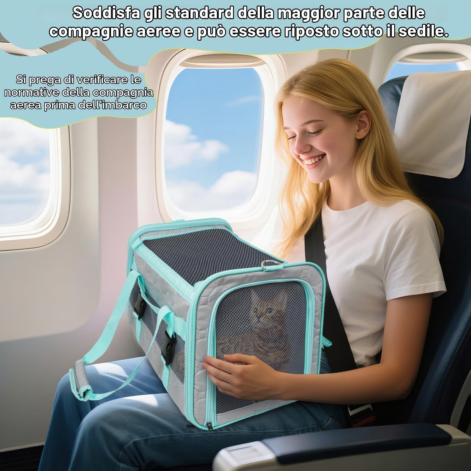 Trasportino Gatto, Borsa Per Cani Pieghevole ed Estensibile, Sicuro e Traspirante, Approvato dalle Compagnie Aeree per l'Uso come Borsa per Trasportino Cani Aereo fino a 6.8kg