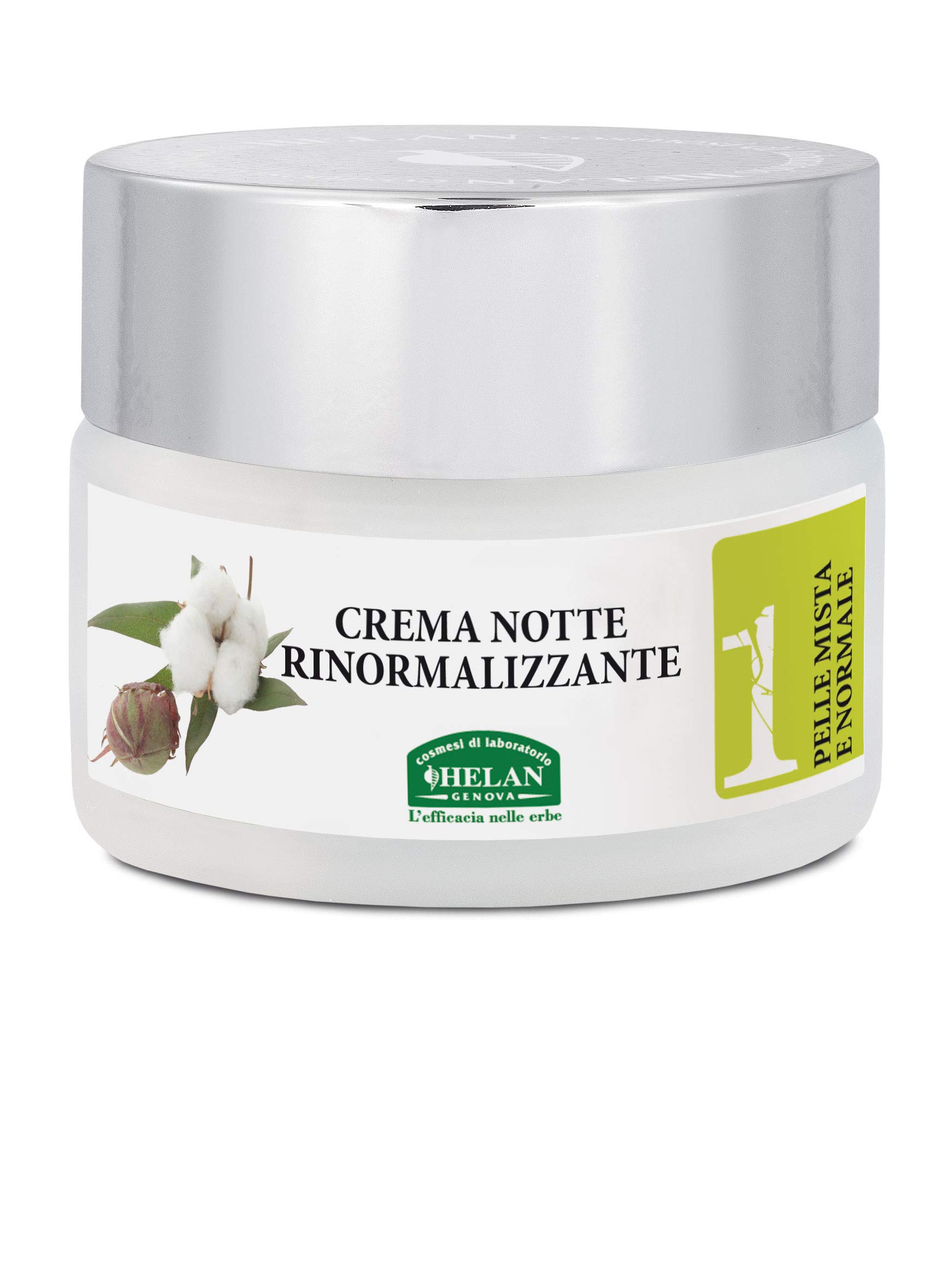 Helan, Linea Viso 1, Crema Notte Donna Pelli Miste, Lascia la Pelle di Viso e Collo Morbida e Setosa, con Vitamina B5 ed E, Olio di Karitè Mandorle Dolci, Cotone, Albicocca 50 ml - Made in Italy