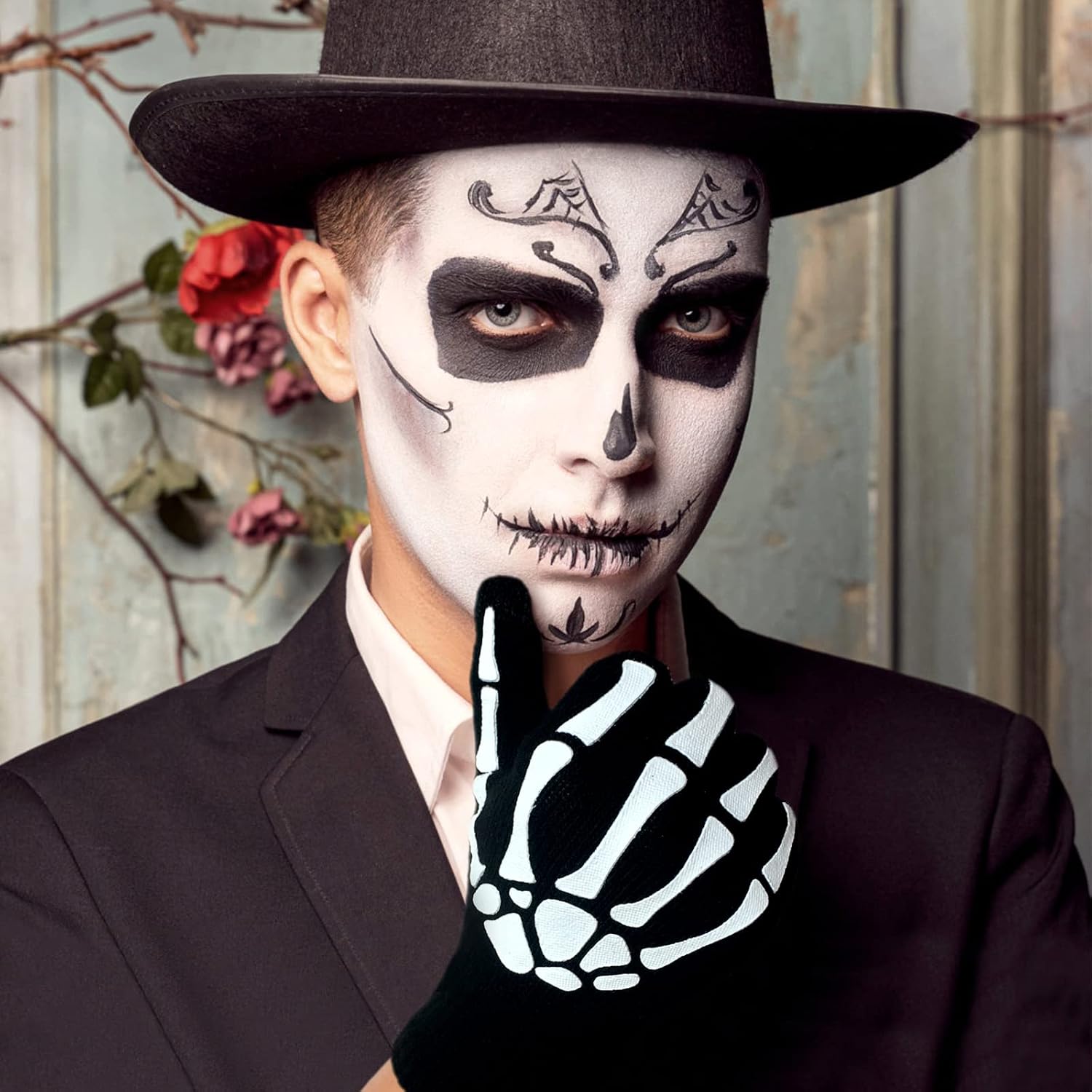 Luminous Halloween Costume Skull Gloves,Thickened Skeleton Gloves with Touch Screen,Stretch Knit Winter Warm Novelty Gloves