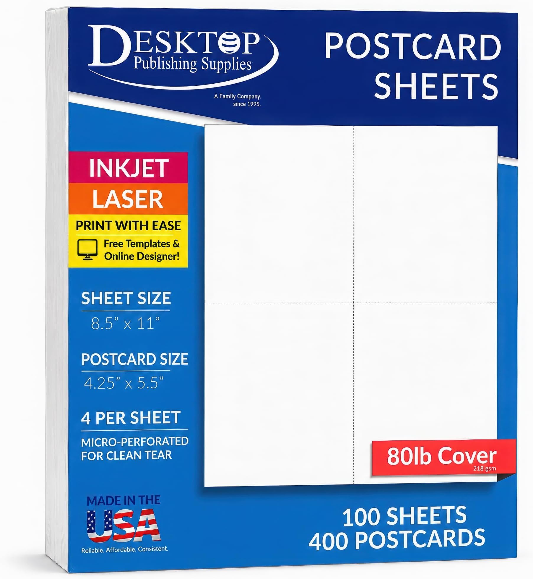 Heavyweight Blank Postcard Paper for Printing - 100 Sheets / 400 Postcards - White - Perforated 4 per Sheet - Thick 80lb Cover Cardstock - Inkjet/Laser Printable