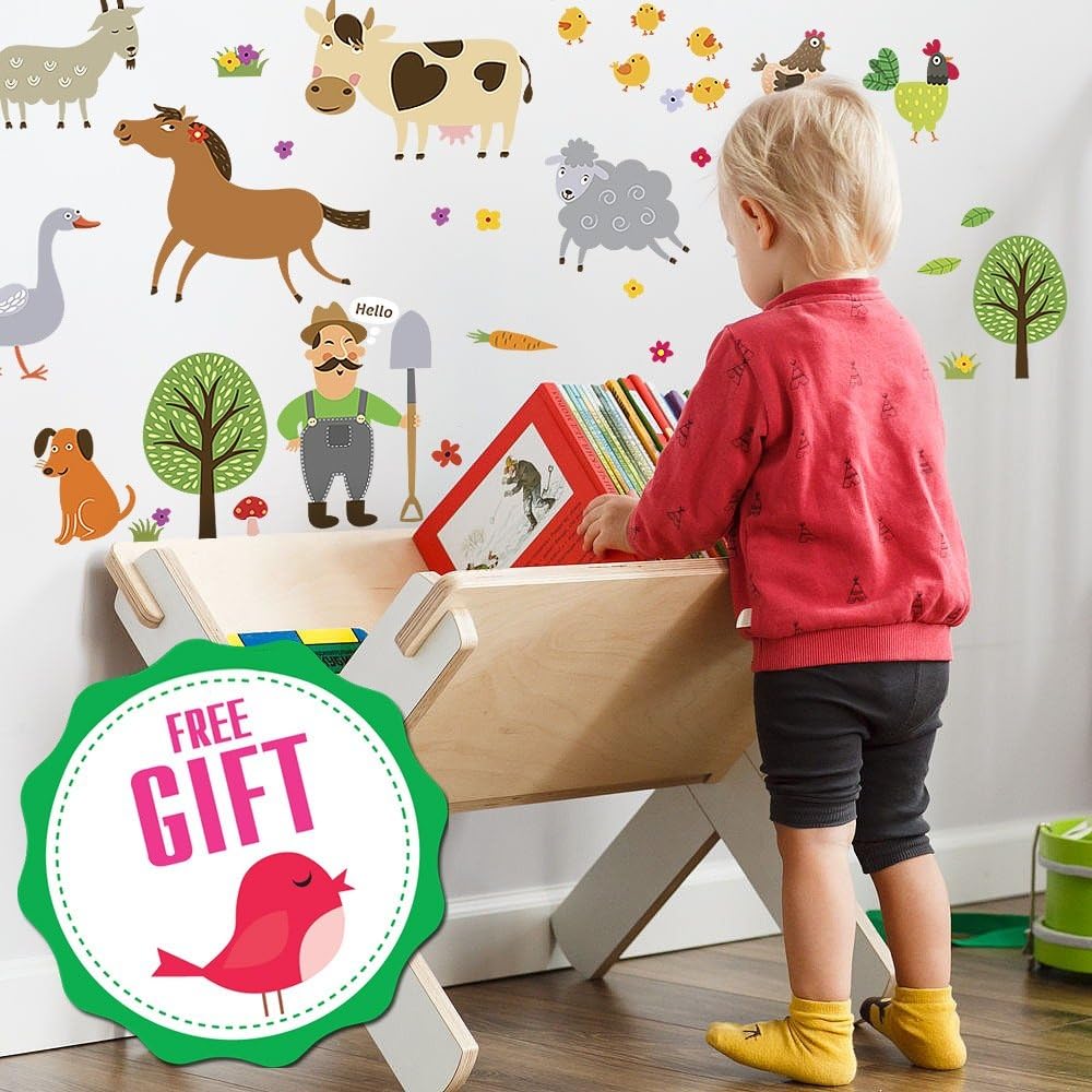 Farm Animal Barnyard Wall Decals for Kids - Farming Baby Room Children Stickers for Toddlers Bedroom - Animal Wall Decor Nursery Art [>40 art playroom clings] + Free BIRD GIFT!