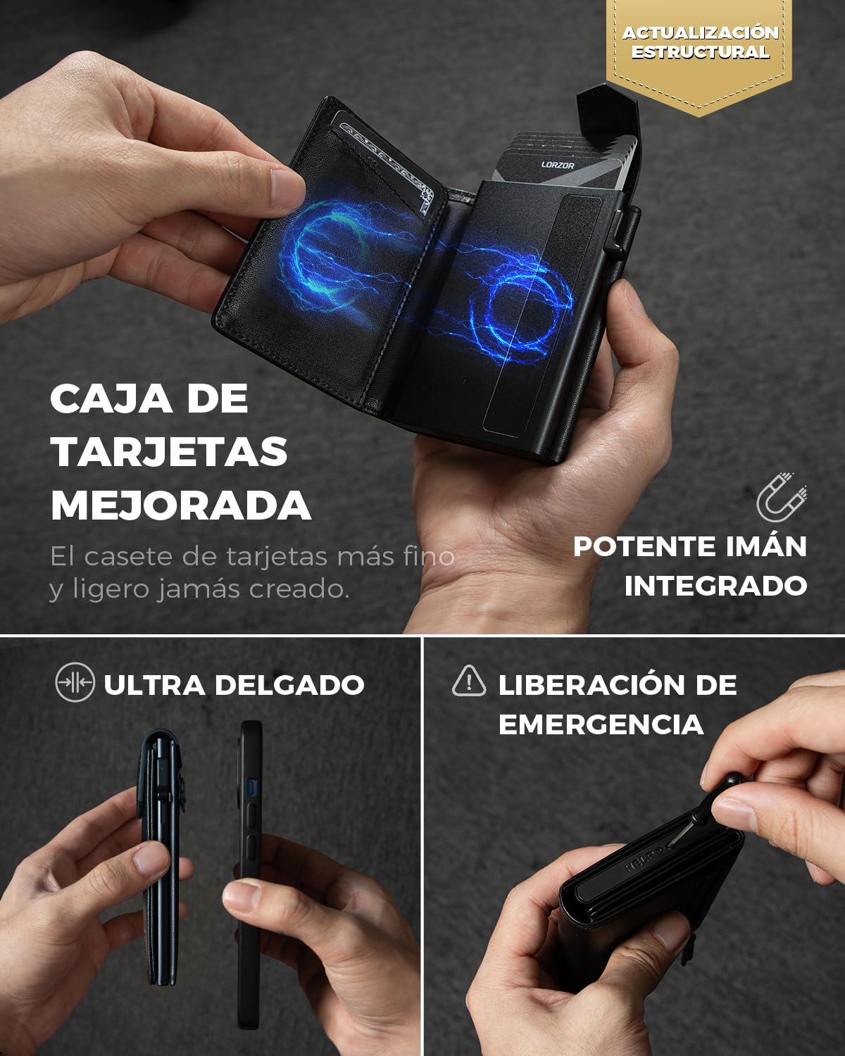 LORZOR® Cartera Pequeña de Piel Auténtica para Hombre, Tarjetero con Cierre Magnético, Billetera RFID Pop-up, Monedero con Capacidad para 10 Tarjetas