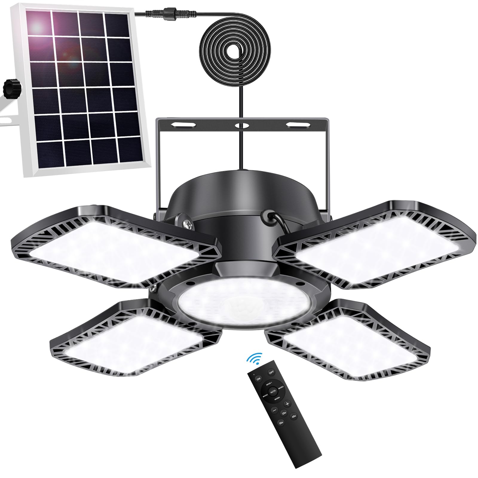 Auzev Solar Shed Light Indoor Outdoor Upgrade 176 LED 4 and 1 Heads Solar Powered Motion Sensor Pandent Daytime Work Lights with 4 Modes Remote Control Security lamp for Garage Gazebo Barn