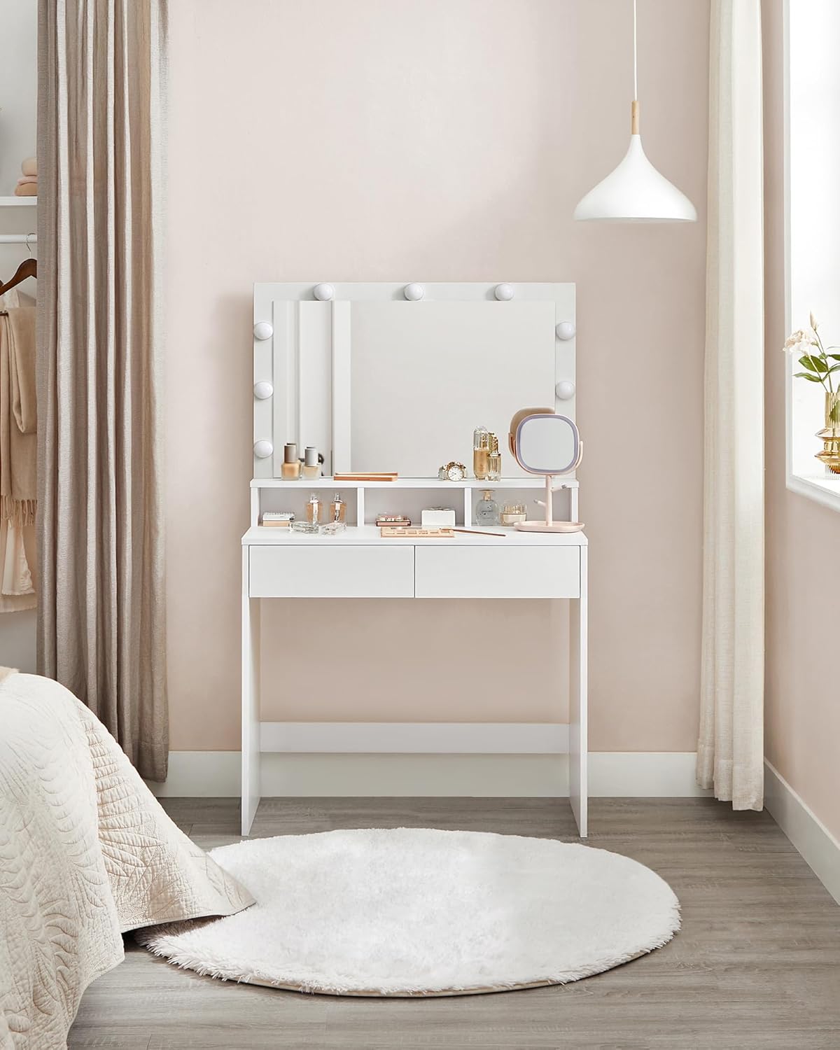 VASAGLE Vanity Desk with Mirror and Lights, Makeup Vanity with Large Mirror, LED Lights with Adjustable Brightness, Vanity Table, 2 Drawers, 3 Compartments, Modern Makeup Desk, Cloud White URDT120T14