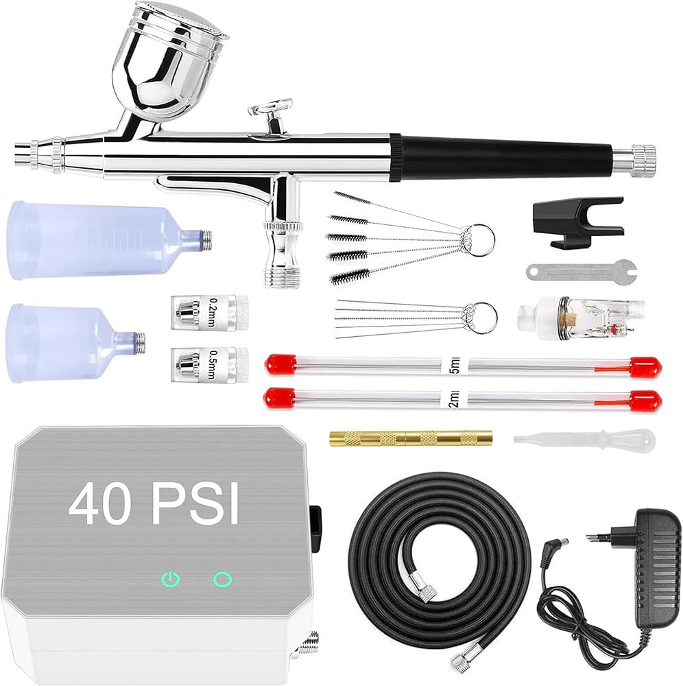 40 PSI Aerograph, Multi-Function Dual-Action Airbrush Set Compressor avec 0.2/0.3/0.5 mm Buses pour Nail Art, L'artisanat, la Décoration de Gâteaux, Argent