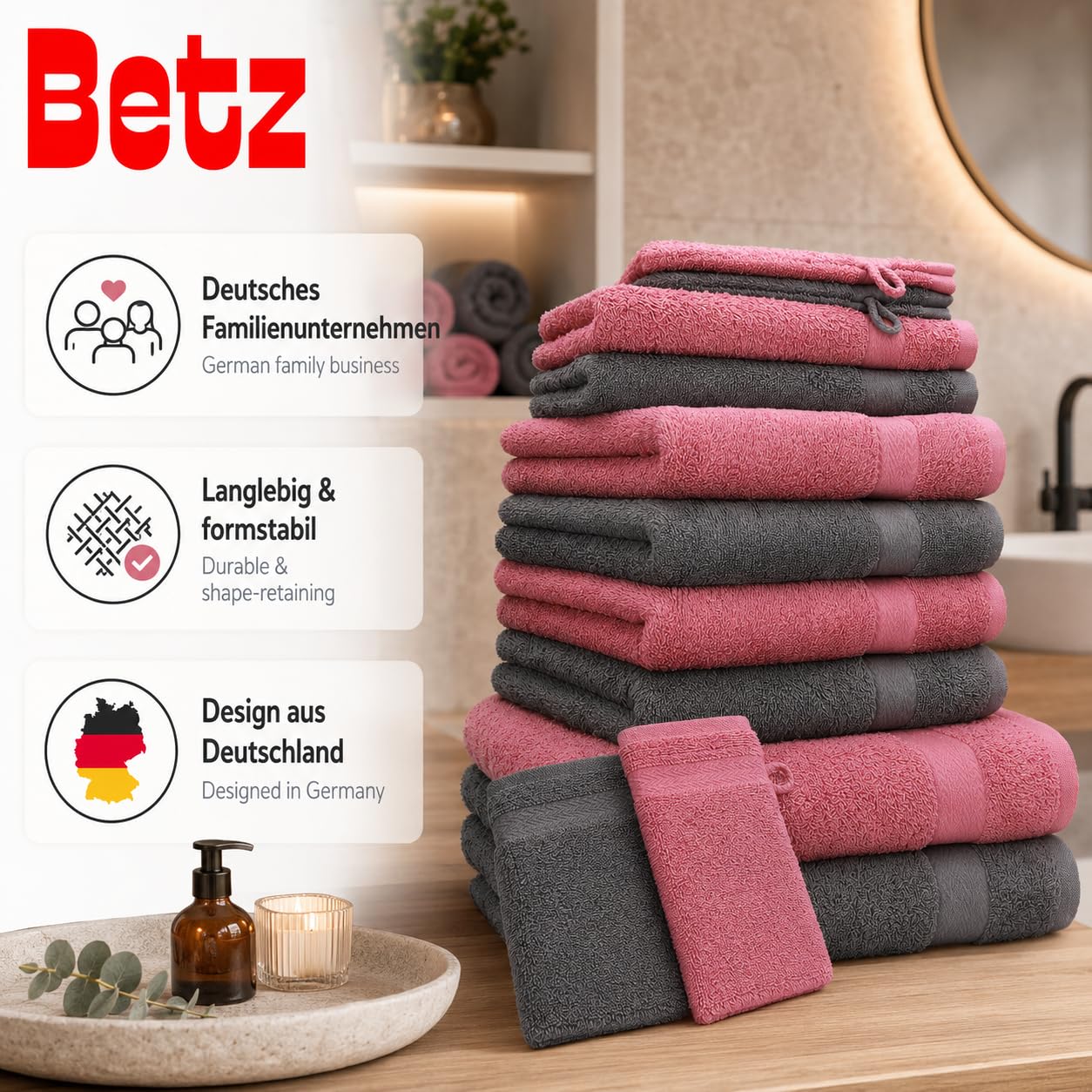 Betz set di 10 asciugamani Premium 100% cotone 2 teli doccia 4 asciugamani 2 asciugamani per ospiti 2 guanti da bagno colore antracide e rosa antico