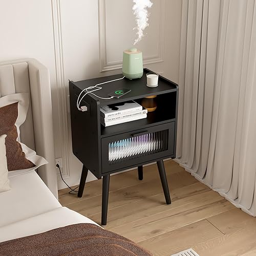 Miniatura 101 de Mesita de noche moderna de mediados de siglo con estación de carga, mesitas de noche con puerta de cristal, mesa auxiliar con espacio de Gris