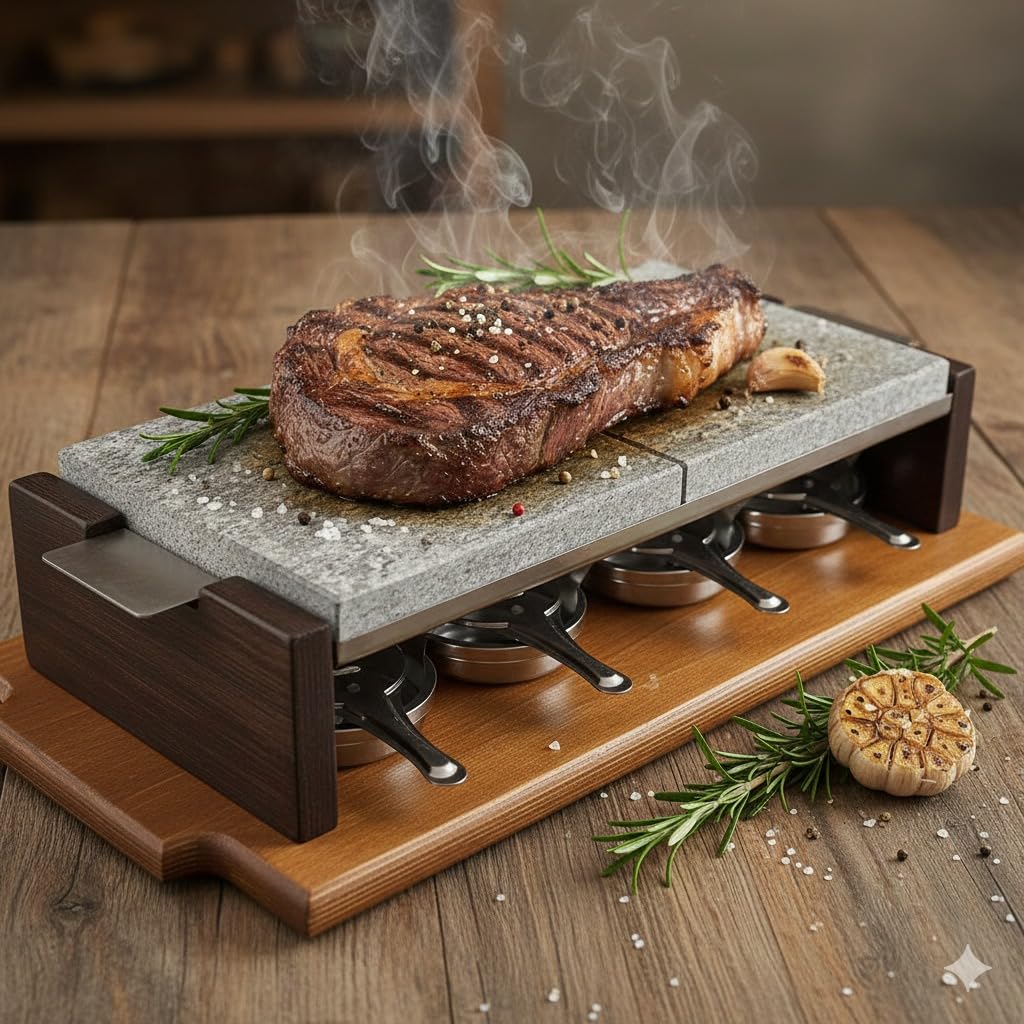 Piedra Volcánica para Asar de 20x40x2,5 cm especial Chuletón con 4 quemadores y levantador para manipular la piedra