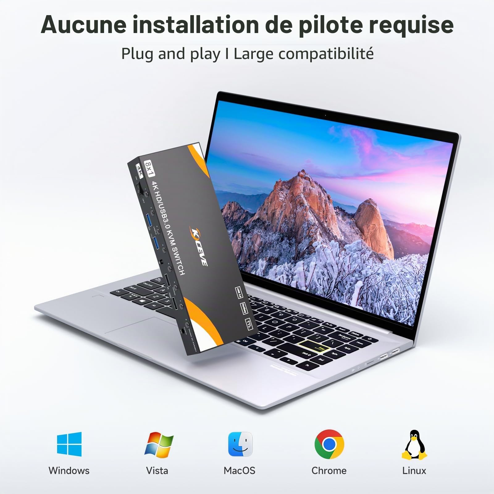 Commutateur KVM HDMI 8 ordinateurs et 1 moniteur, commutateur KVM USB 3.0 avec prise en charge 4K @ 60 Hz pour 8 PC avec clavier et souris communs, compatible avec Windows/Linux/Mac, etc