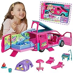 Doll Camper Van Playset for Girls,Portable Pretend Doll Car Set for Kid,Colorful Camper Vehicle RV Van with Furniture, Pool & Accessories,Outdoor Transformable Vehicles, Toddler Toys 3+